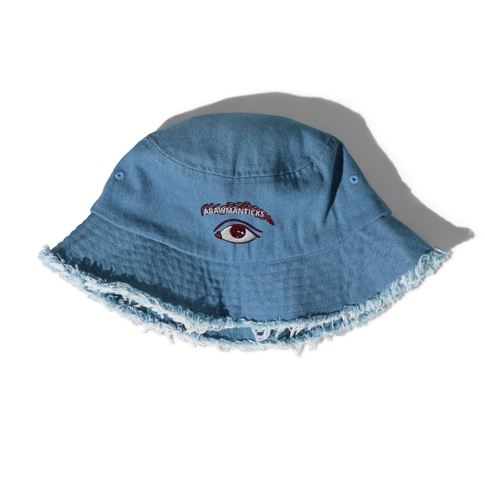 Light Denim Distressed Bucket Hat with All Seeing Eye Embroidery - ARAWMANTICKS Front Mockup