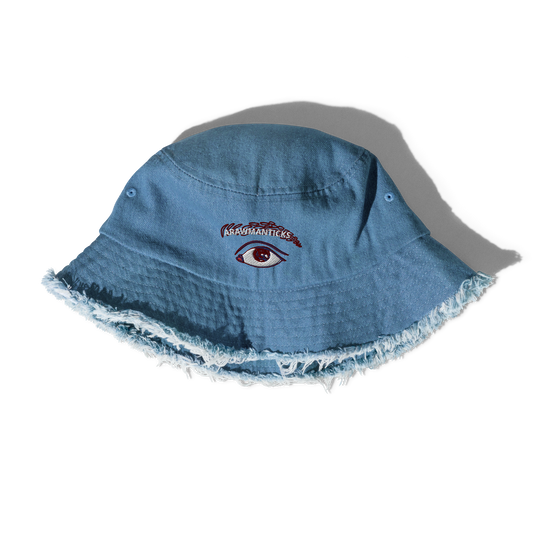 Light Denim Distressed Bucket Hat with All Seeing Eye Embroidery - ARAWMANTICKS Front Mockup