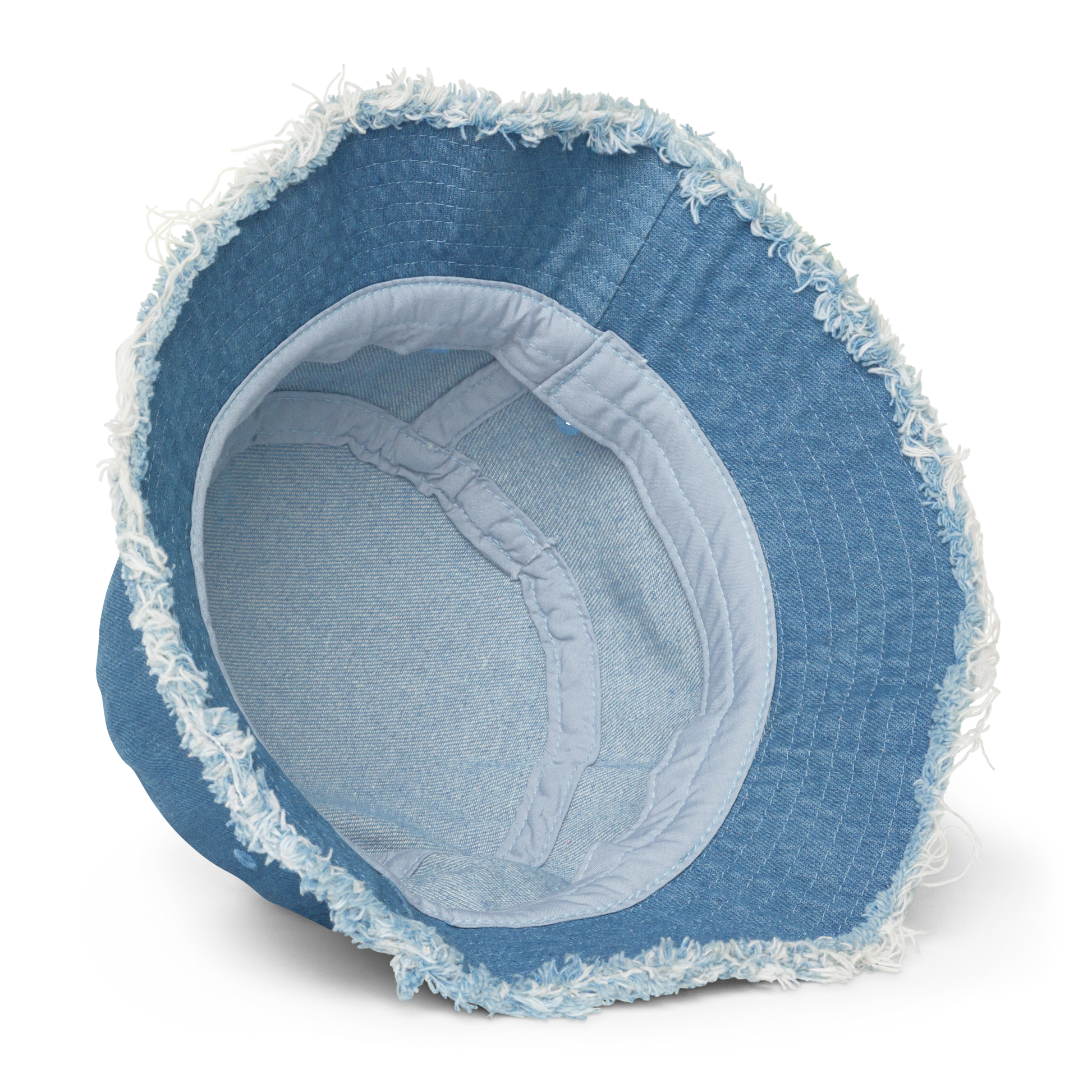 Inside Detail of Light Denim Distressed Bucket Hat with All Seeing Eye Embroidery - ARAWMANTICKS