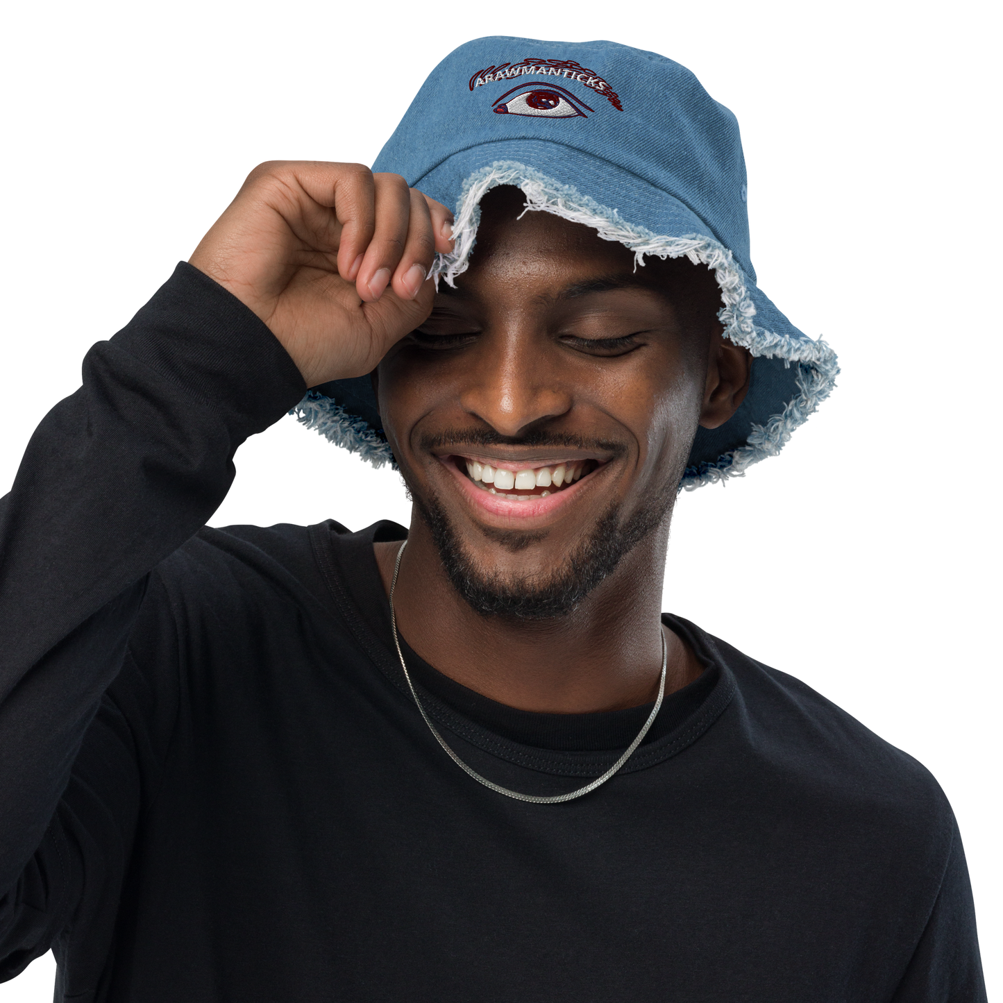 Male Model Wearing Light Denim Distressed Bucket Hat with All Seeing Eye Embroidery - ARAWMANTICKS