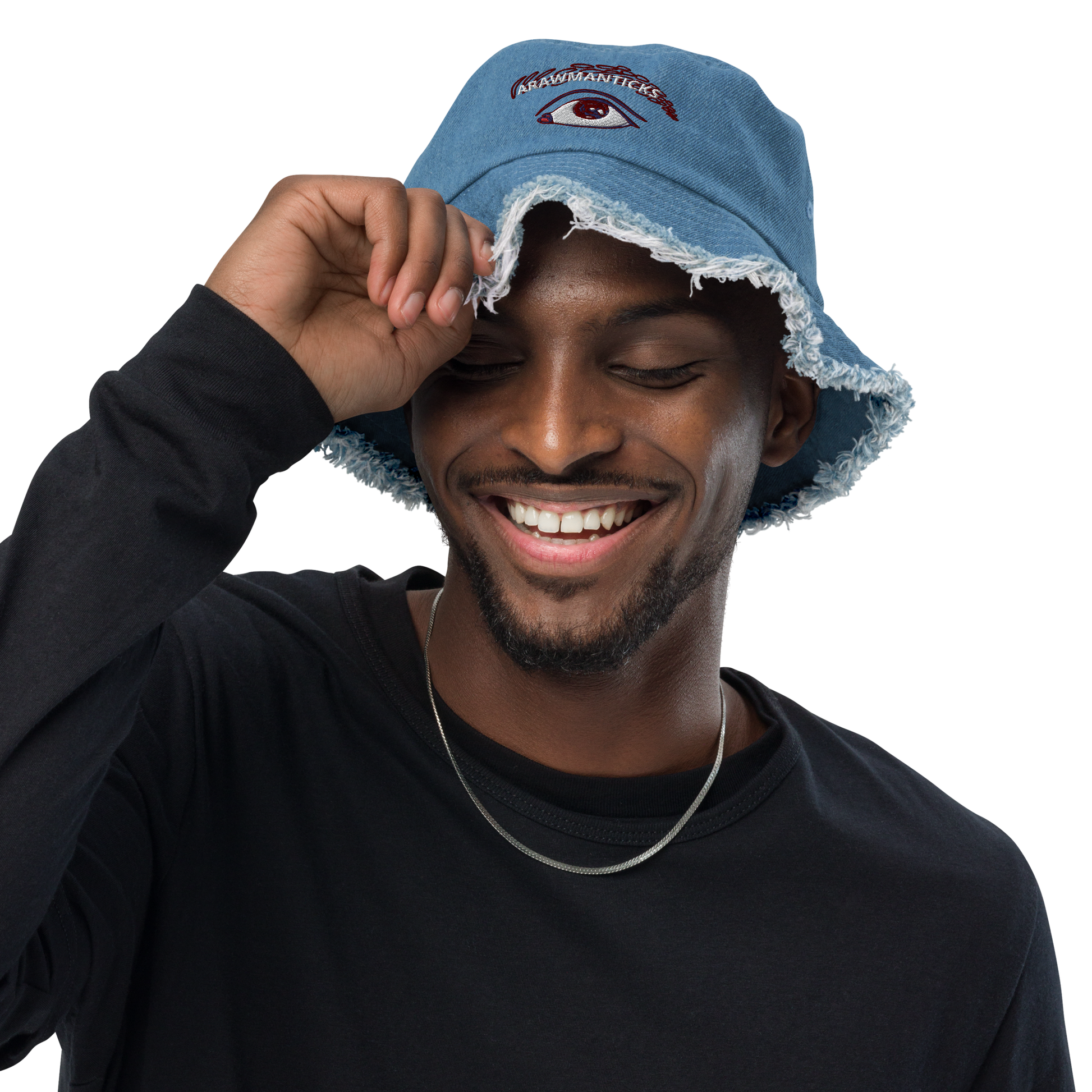 Male Model Wearing Light Denim Distressed Bucket Hat with All Seeing Eye Embroidery - ARAWMANTICKS