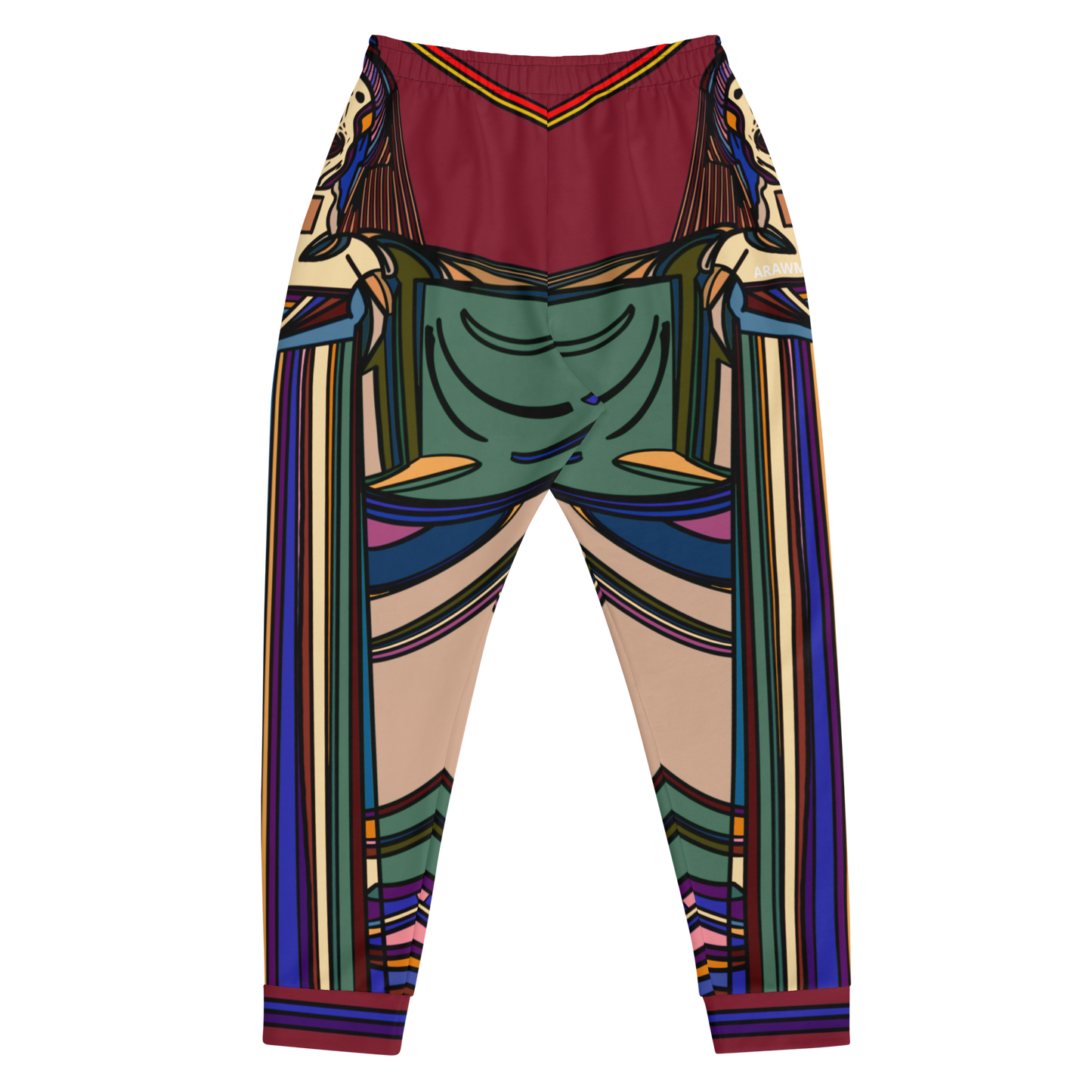 Back Mockup of Maroon Nightlife SOS Graphic Joggers with Multicolor Vibrant All-Over Print - ARAWMANTICKS