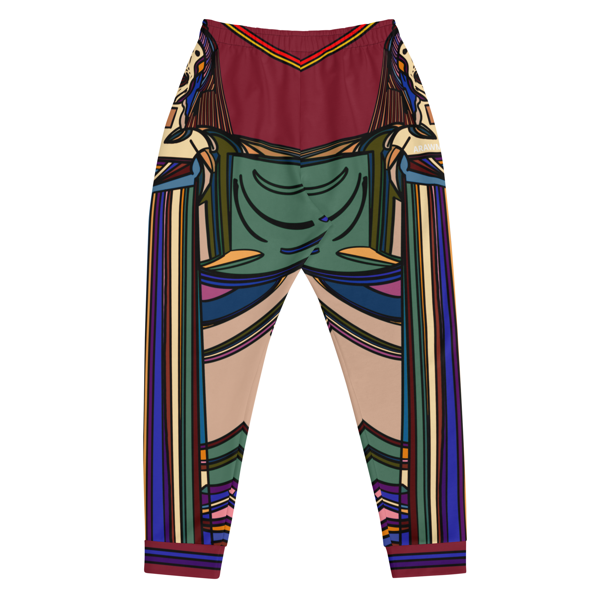 Back Mockup of Maroon Nightlife SOS Graphic Joggers with Multicolor Vibrant All-Over Print - ARAWMANTICKS