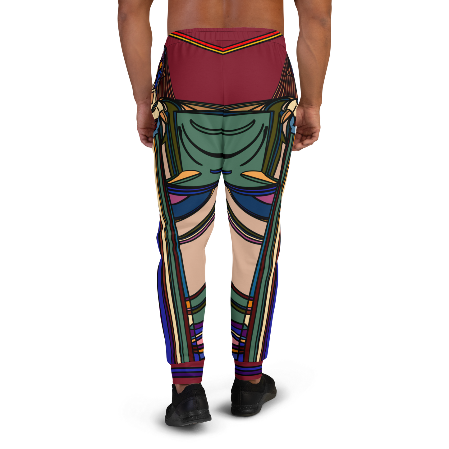Back View of Model Wearing Maroon Nightlife SOS Graphic Joggers with Multicolor Vibrant All-Over Print - ARAWMANTICKS