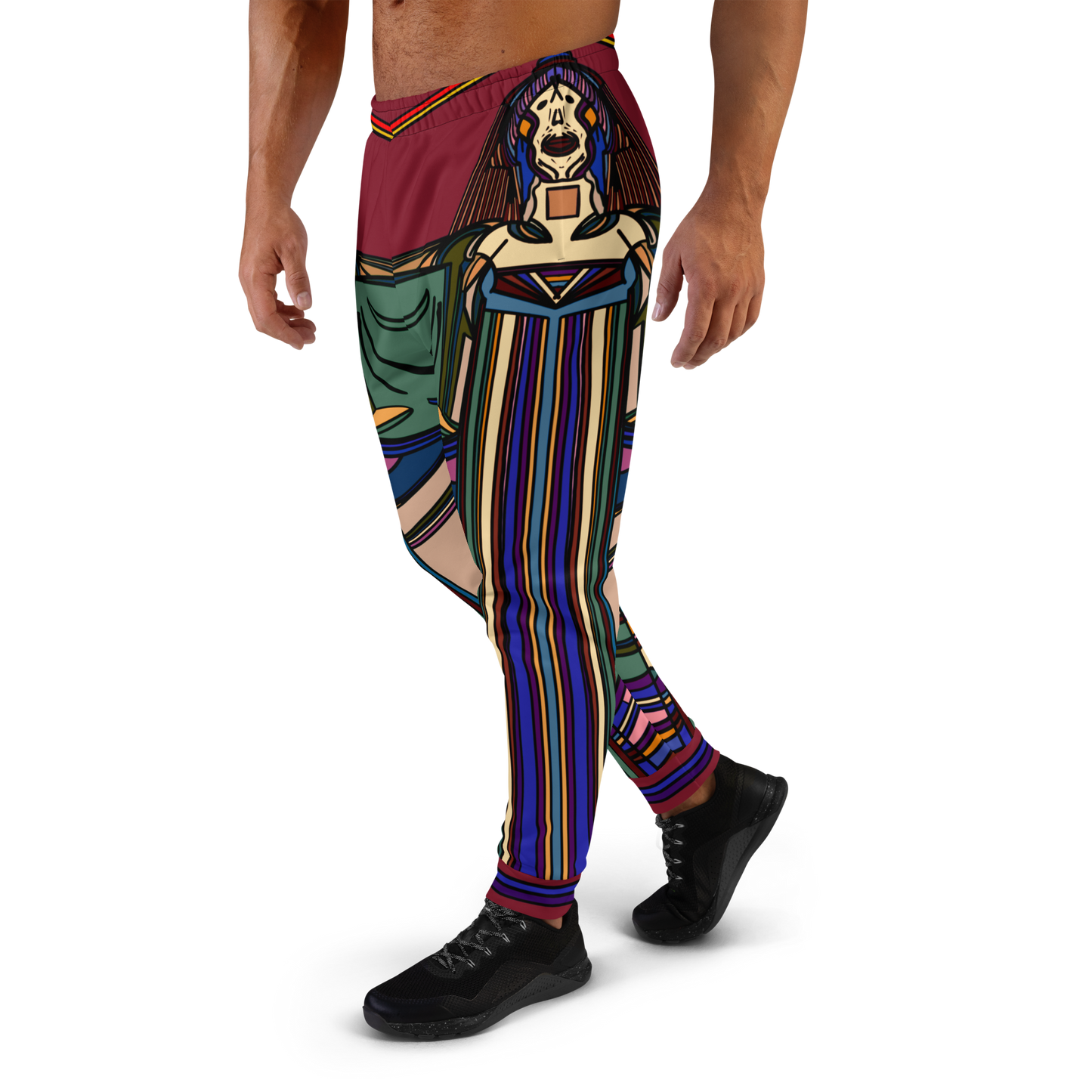 Front Left View of Model Wearing Maroon Nightlife SOS Graphic Joggers with Multicolor Vibrant All-Over Print - ARAWMANTICKS