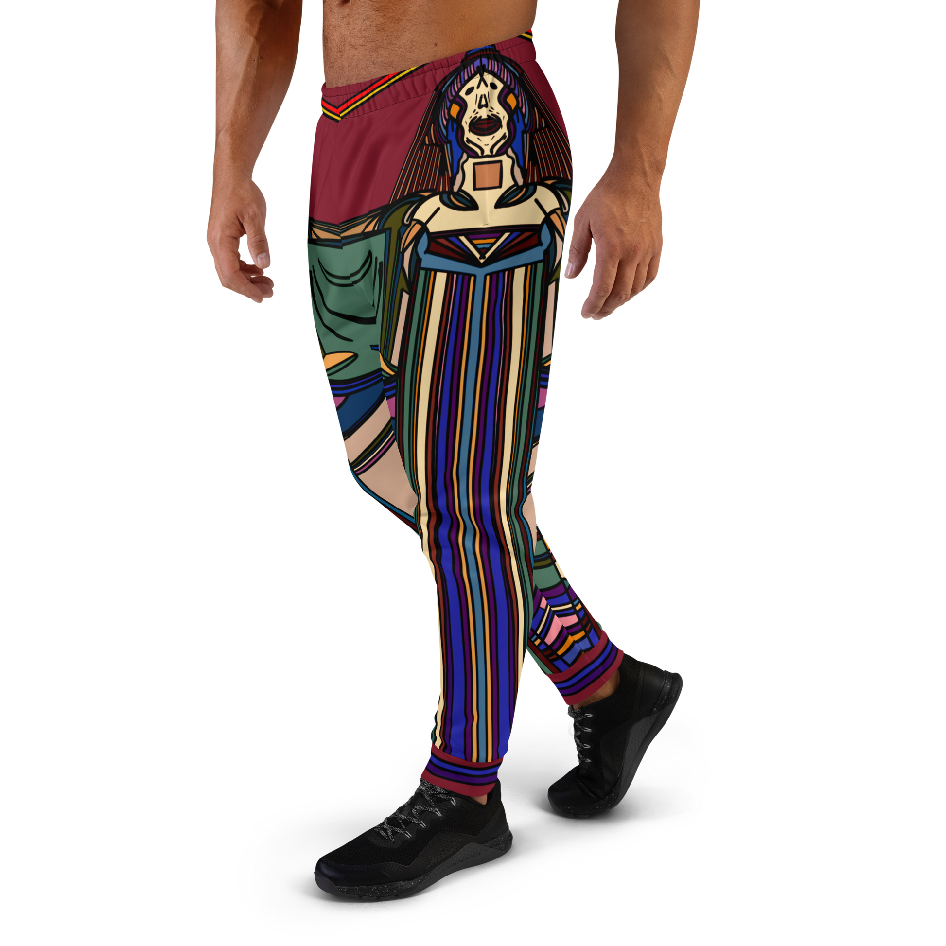Front Left View of Model Wearing Maroon Nightlife SOS Graphic Joggers with Multicolor Vibrant All-Over Print - ARAWMANTICKS