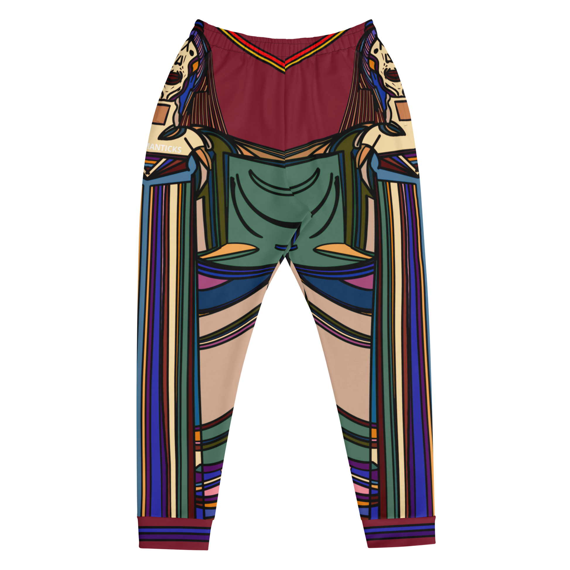 Front Mockup of Maroon Nightlife SOS Graphic Joggers with Multicolor Vibrant All-Over Print - ARAWMANTICKS