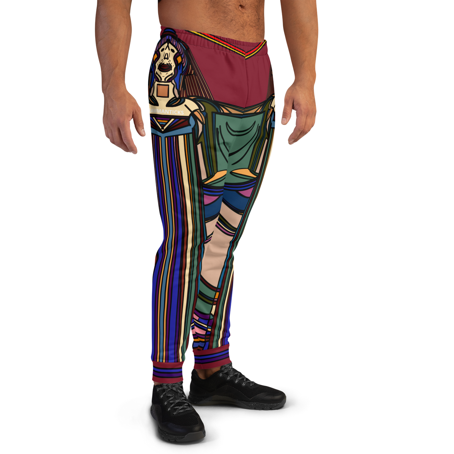 Front Right View of Model Wearing Maroon Nightlife SOS Graphic Joggers with Multicolor Vibrant All-Over Print - ARAWMANTICKS