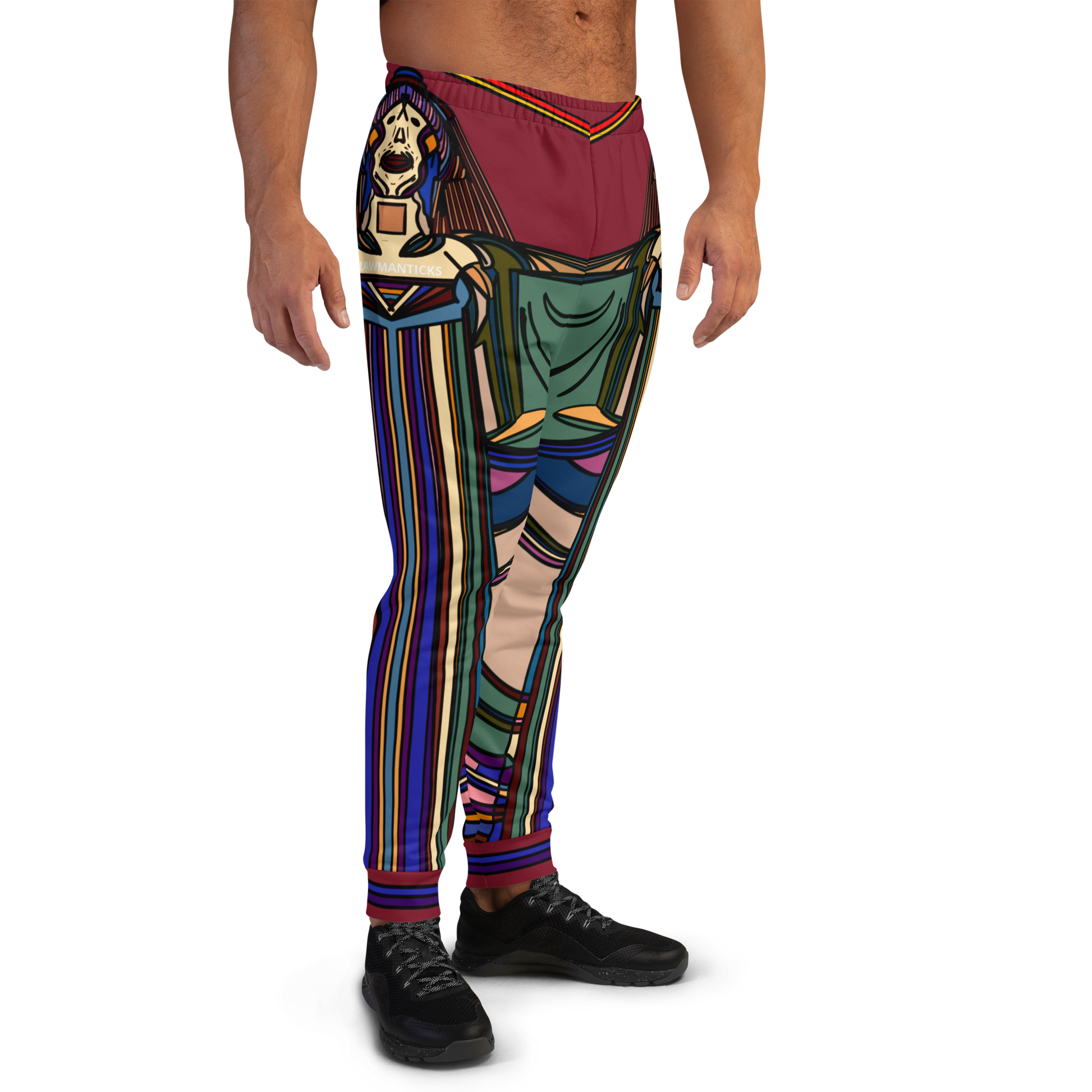 Front Right View of Model Wearing Maroon Nightlife SOS Graphic Joggers with Multicolor Vibrant All-Over Print - ARAWMANTICKS