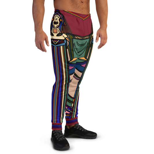 Front Right View of Model Wearing Maroon Nightlife SOS Graphic Joggers with Multicolor Vibrant All-Over Print - ARAWMANTICKS