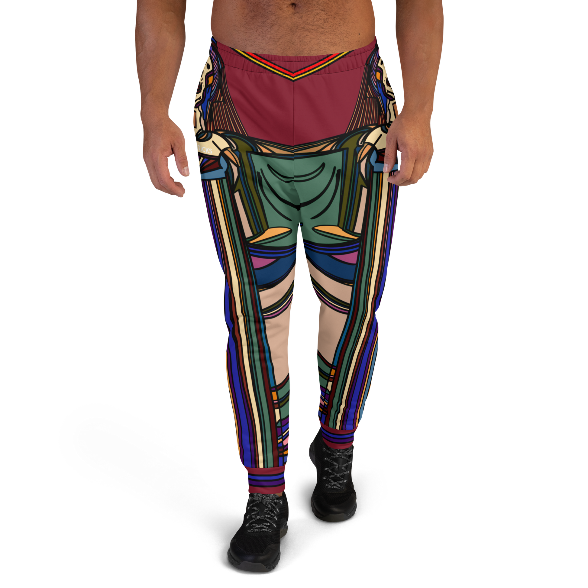 Front View of Model Wearing Maroon Nightlife SOS Graphic Joggers with Multicolor Vibrant All-Over Print - ARAWMANTICKS