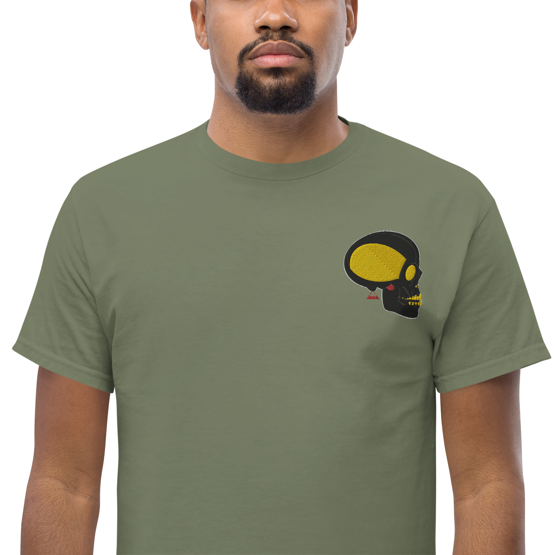 Male Model Wearing Military Green T-Shirt with Black and Gold Skull Front Embroidery - ARAWMANTICKS