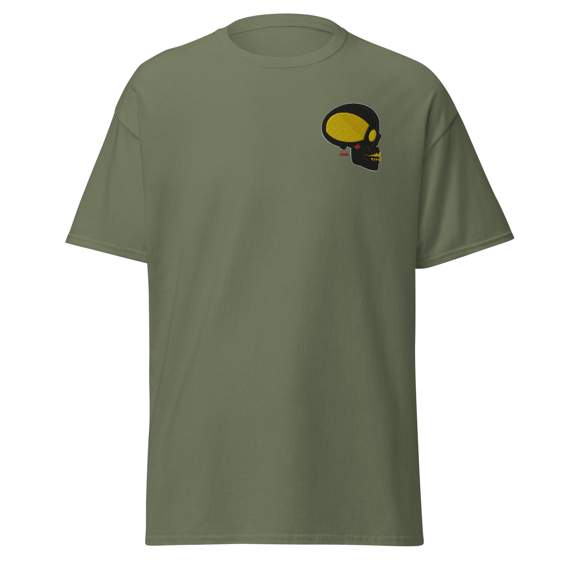 Military Green T-Shirt with Black and Gold Skull Front Embroidery - ARAWMANTICKS Ghost Mockup