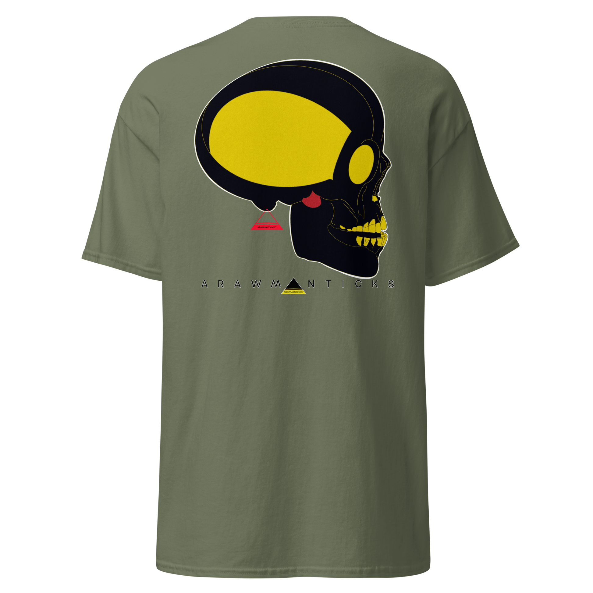 Military Green T-Shirt with Large Black and Gold Skull Back Print - ARAWMANTICKS Ghost Mockup