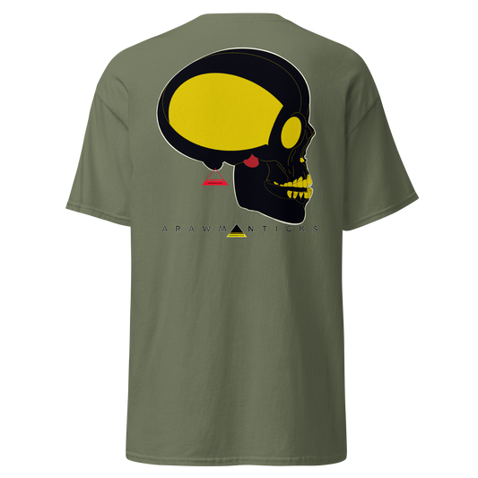 Military Green T-Shirt with Large Black and Gold Skull Back Print - ARAWMANTICKS Ghost Mockup