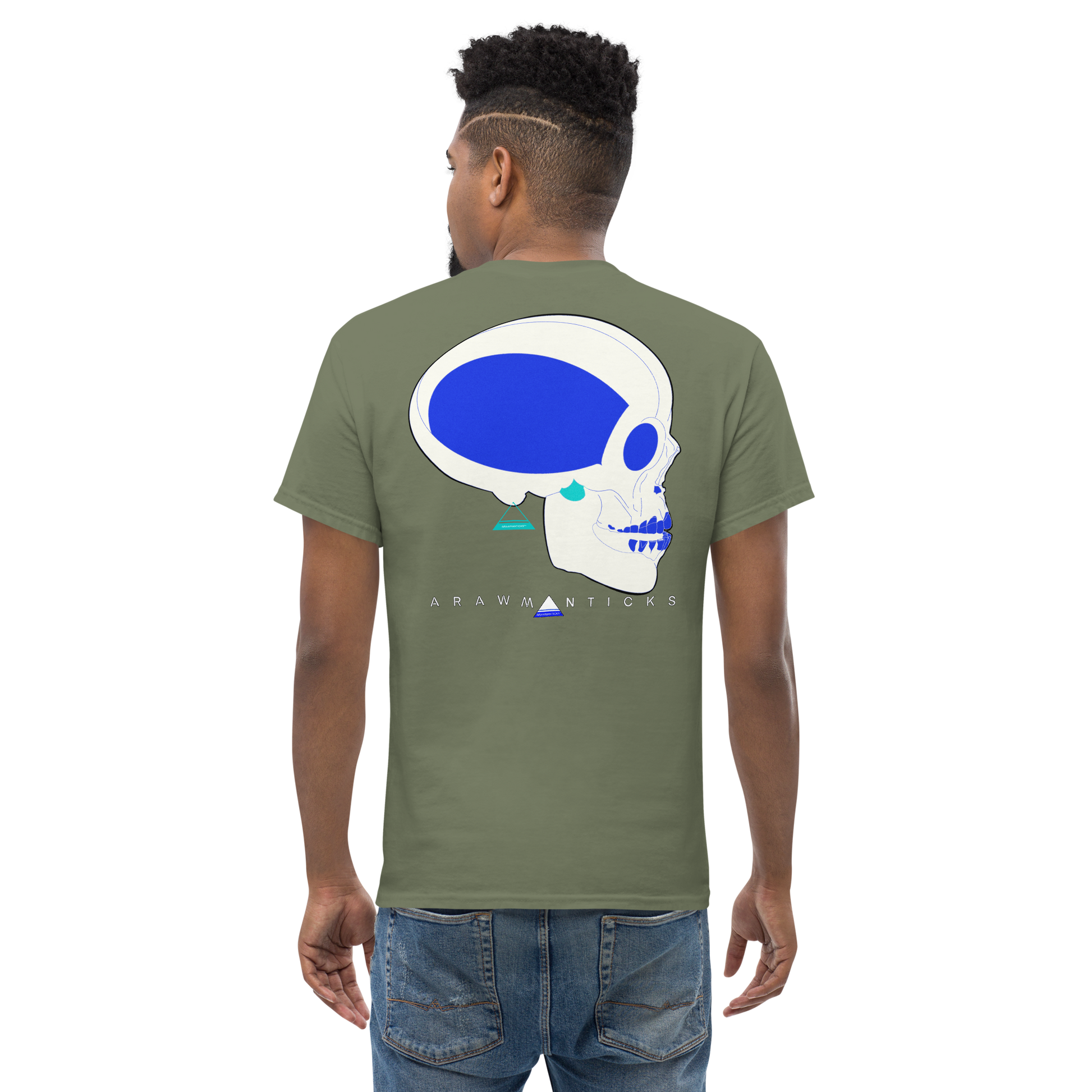 Male Model Wearing Military Green T-Shirt with Large White and Blue Skull Back Print - ARAWMANTICKS