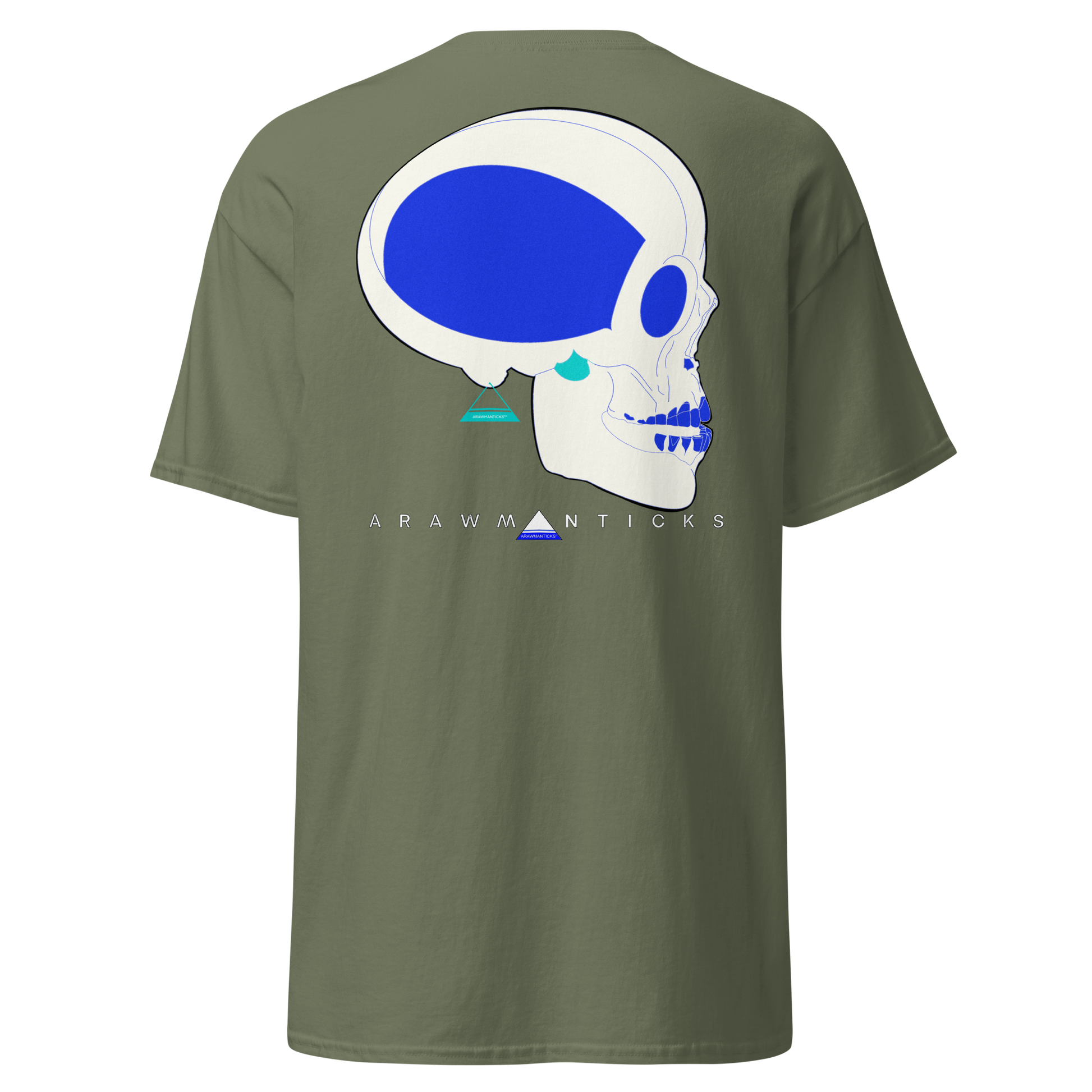 Military Green T-Shirt with Large White and Blue Skull Back Print - ARAWMANTICKS Ghost Mockup