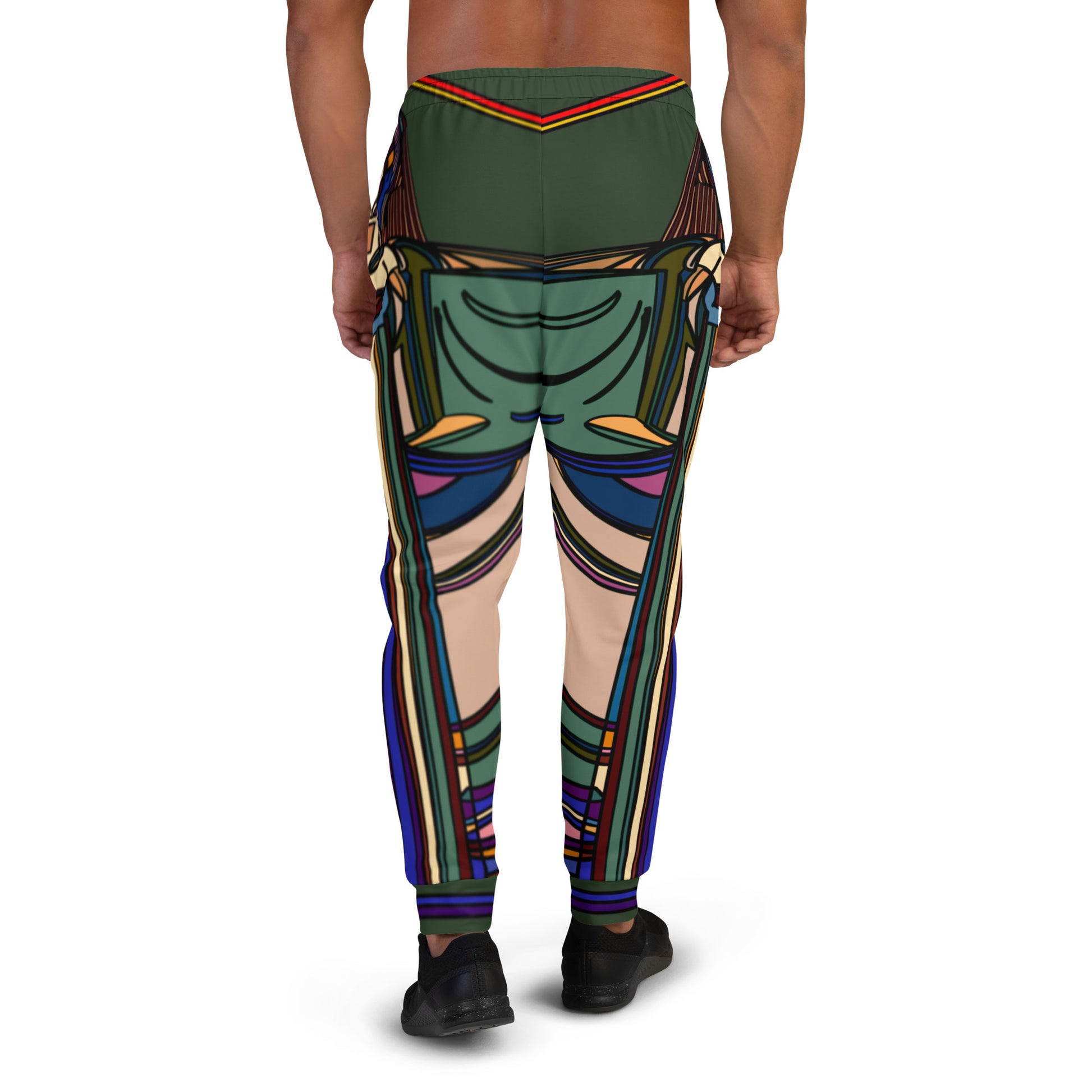 Back View of Model Wearing Military Green Nightlife SOS Graphic Joggers with Multicolor All-Over Print - ARAWMANTICKS