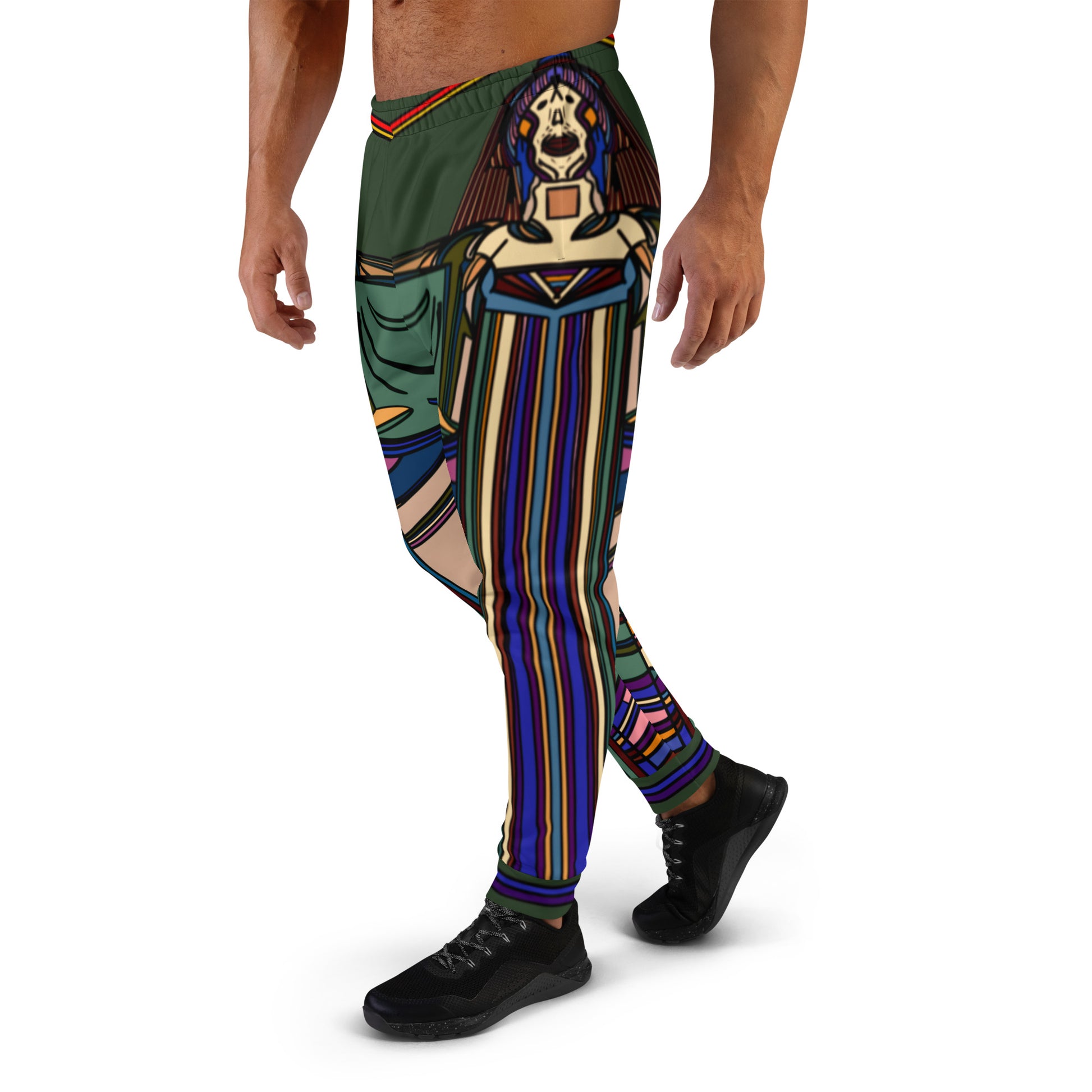 Front Left View of Model Wearing Military Green Nightlife SOS Graphic Joggers with Multicolor All-Over Print - ARAWMANTICKS