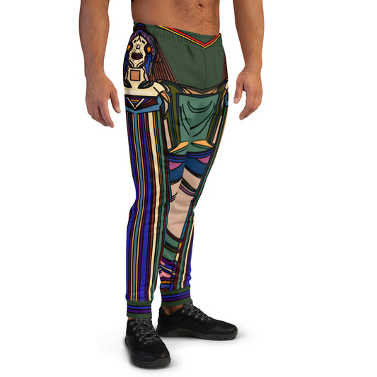 Front Right View of Model Wearing Military Green Nightlife SOS Graphic Joggers with Multicolor All-Over Print - ARAWMANTICKS