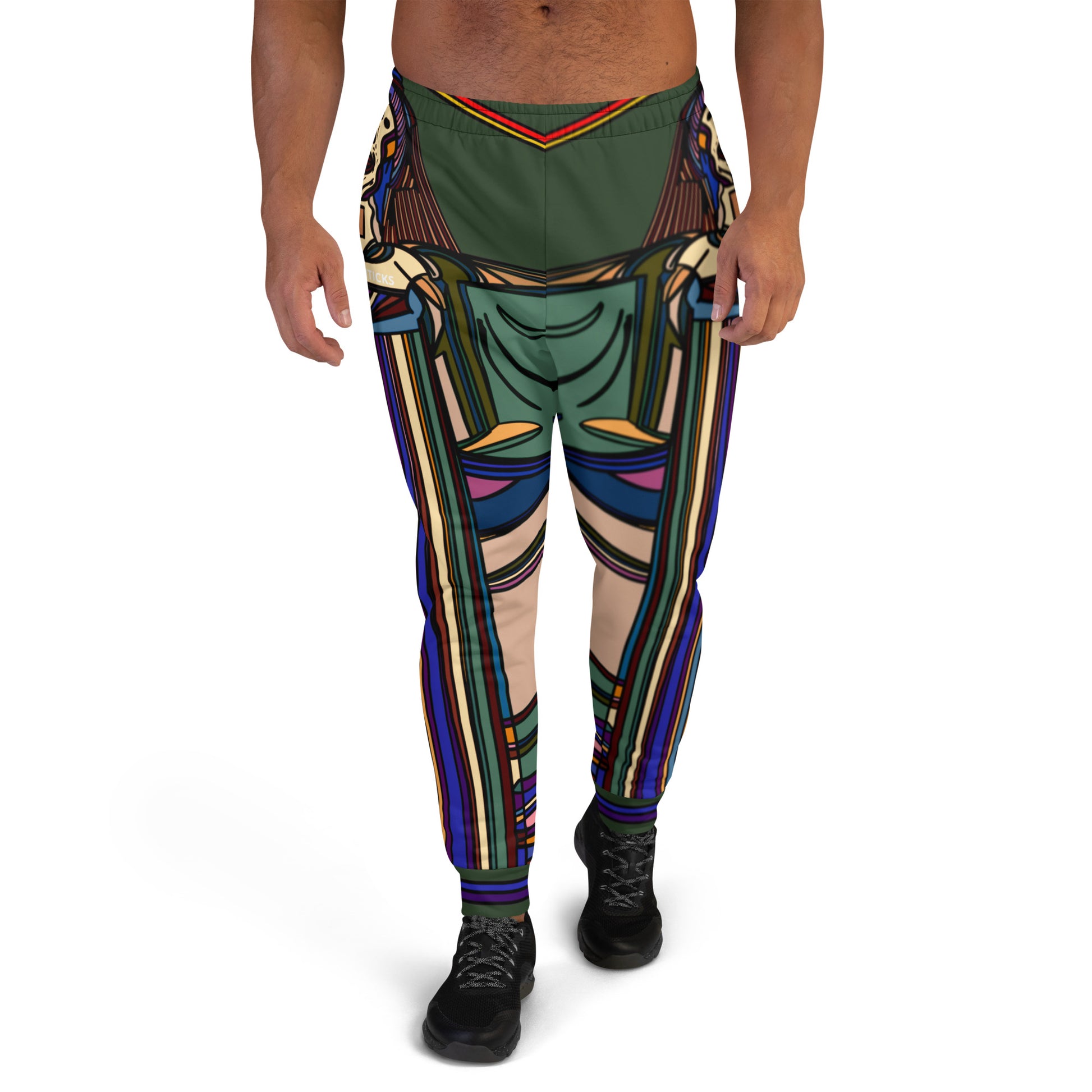 Front View of Model Wearing Military Green Nightlife SOS Graphic Joggers with Multicolor All-Over Print - ARAWMANTICKS