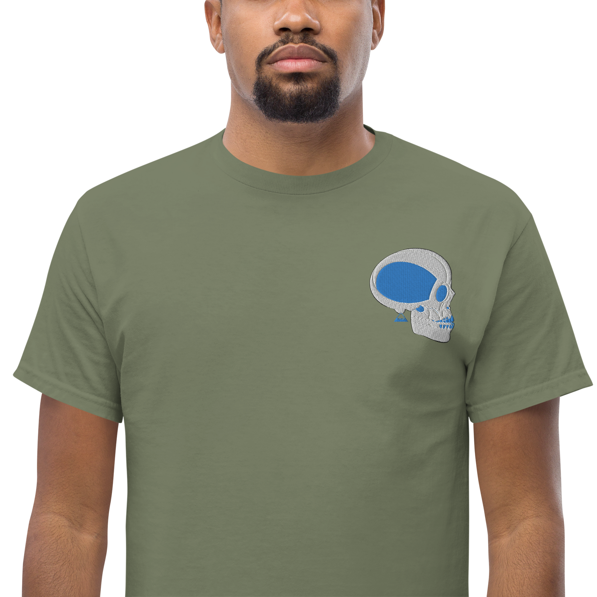 Male Model Wearing Military Green T-Shirt with White and Blue Skull Front Embroidery - ARAWMANTICKS