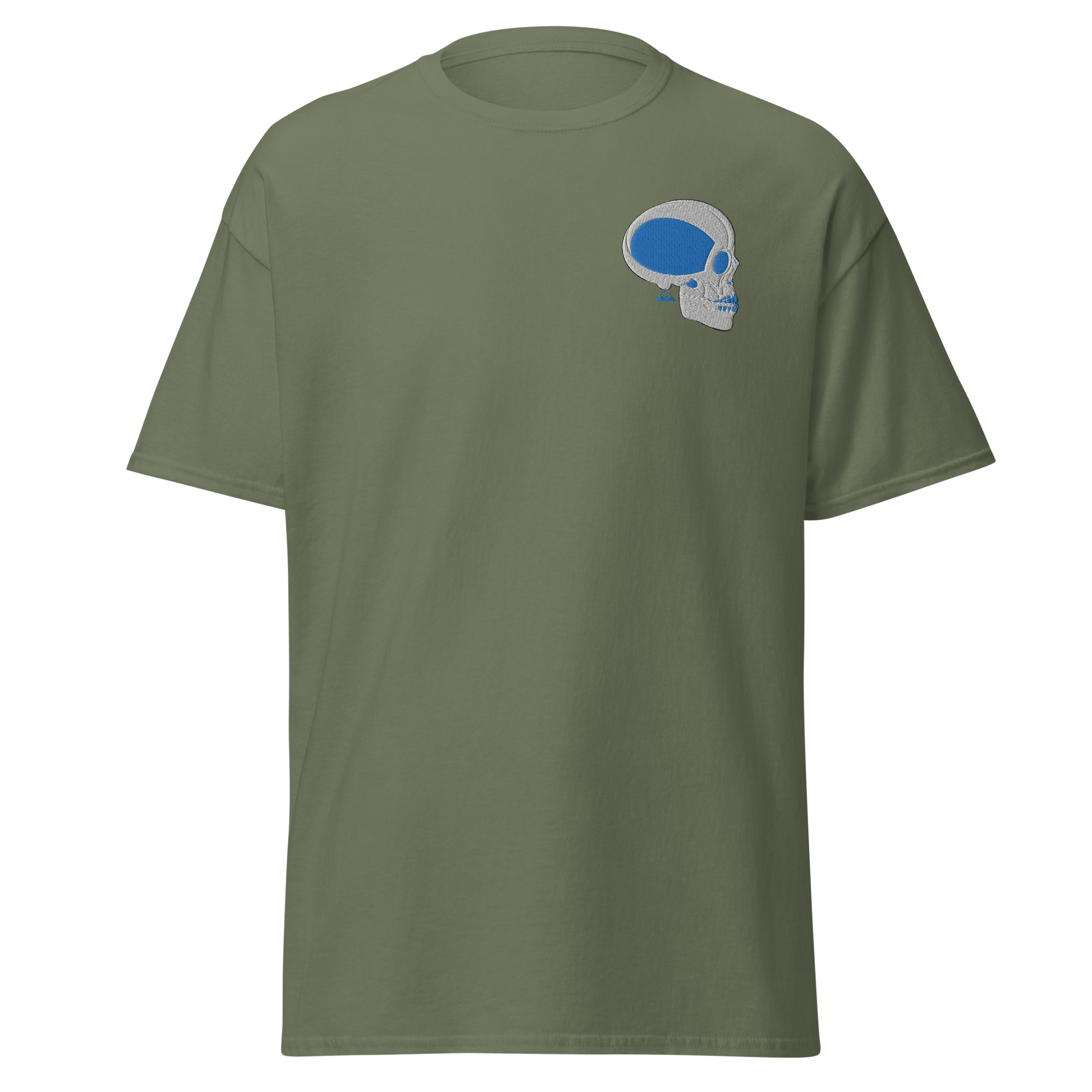 Military Green T-Shirt with White and Blue Skull Front Embroidery - ARAWMANTICKS Ghost Mockup