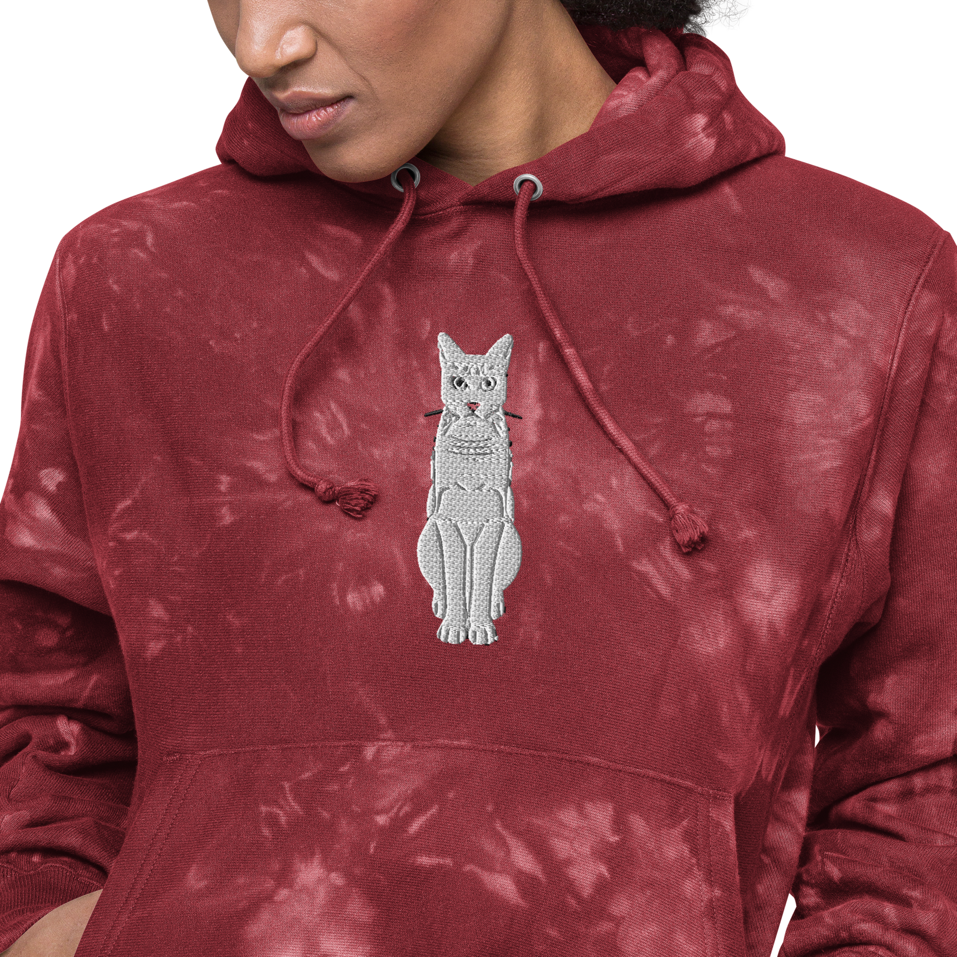 Female Model Wearing Mulled Berry Champion Tie-Dye Hoodie with White Cat Embroidery - ARAWMANTICKS Front