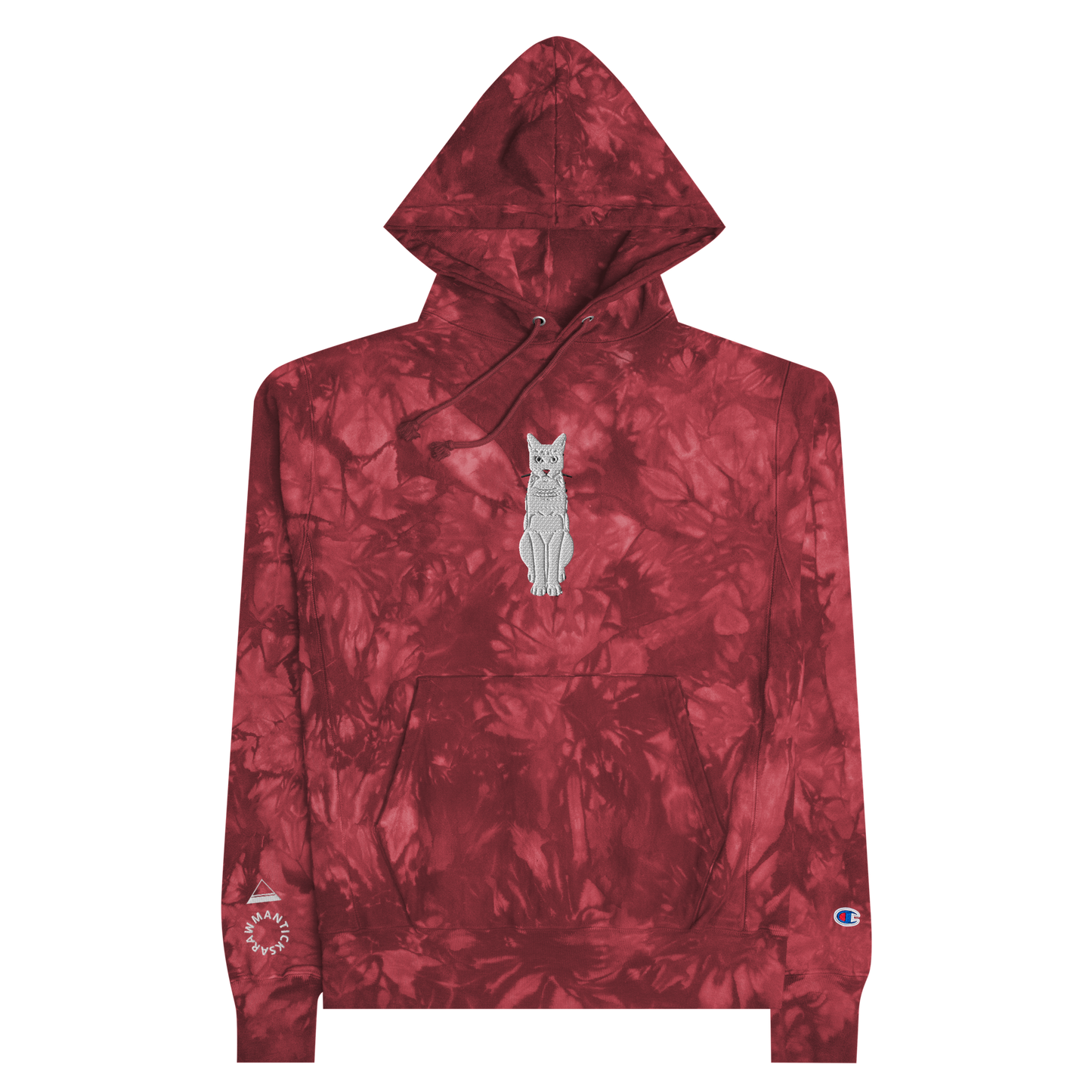 Mulled Berry Champion Tie-Dye Hoodie with White Cat Embroidery - ARAWMANTICKS Front Flat