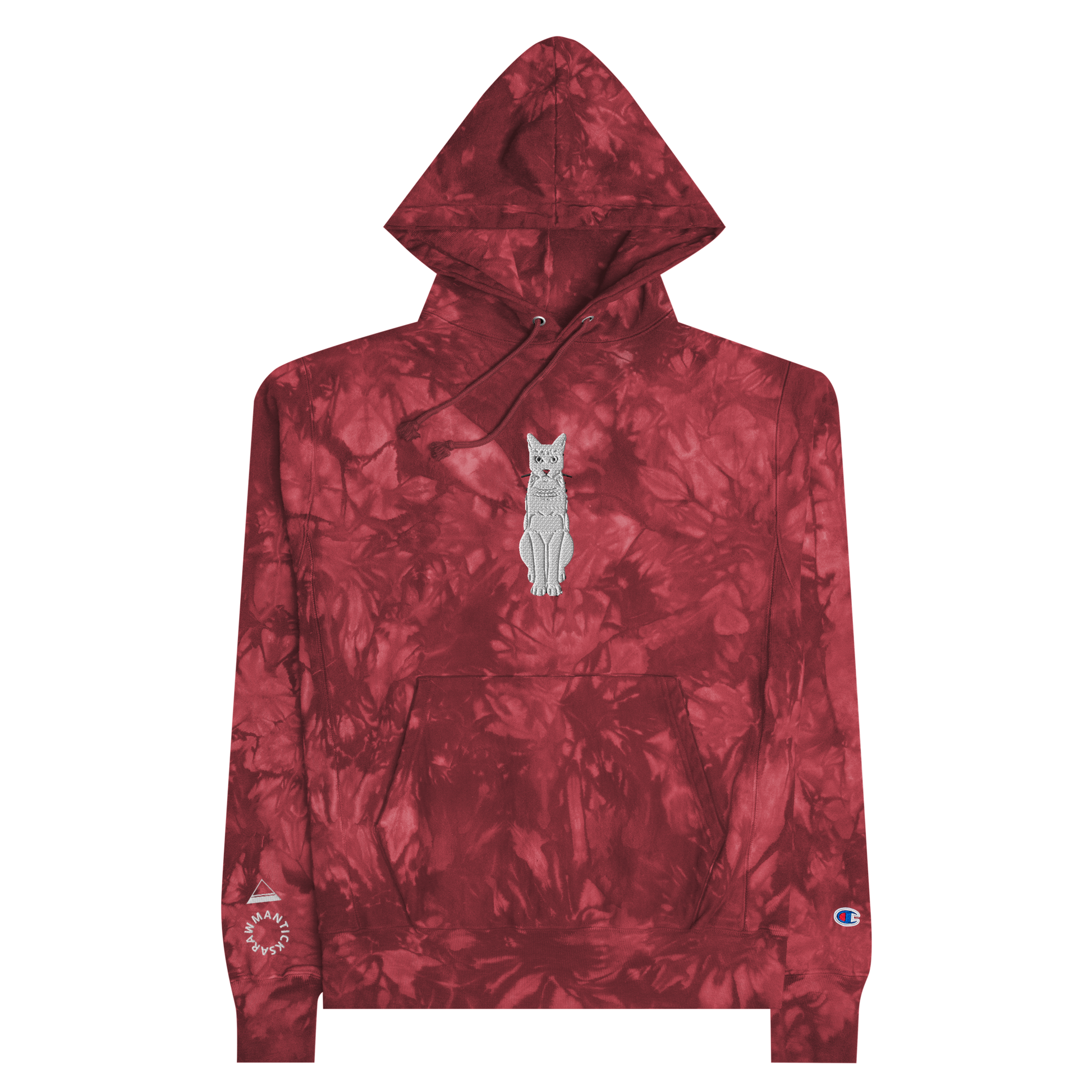 Mulled Berry Champion Tie-Dye Hoodie with White Cat Embroidery - ARAWMANTICKS Front Flat