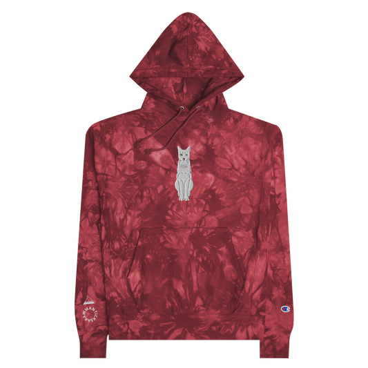 Mulled Berry Champion Tie-Dye Hoodie with White Cat Embroidery - ARAWMANTICKS Front Flat