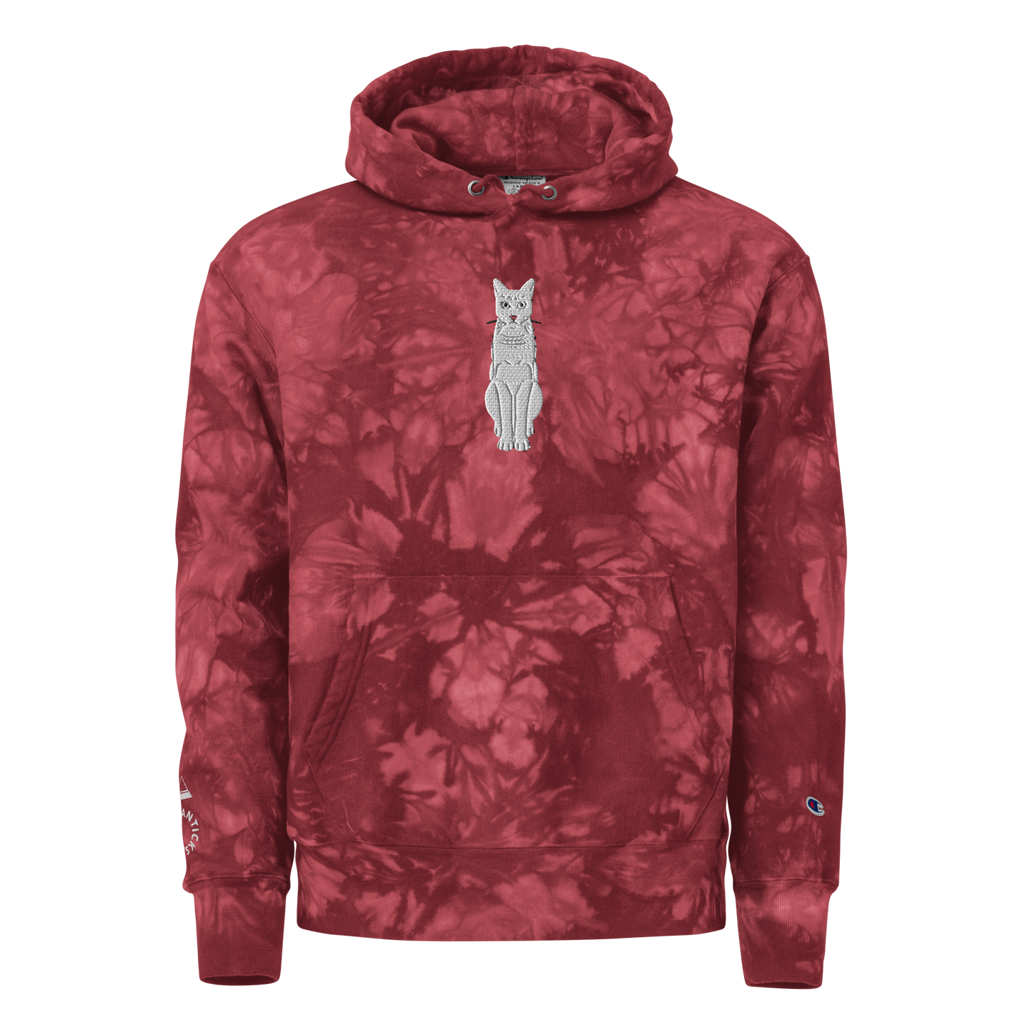 Mulled Berry Champion Tie-Dye Hoodie with White Cat Embroidery - ARAWMANTICKS Front Ghost