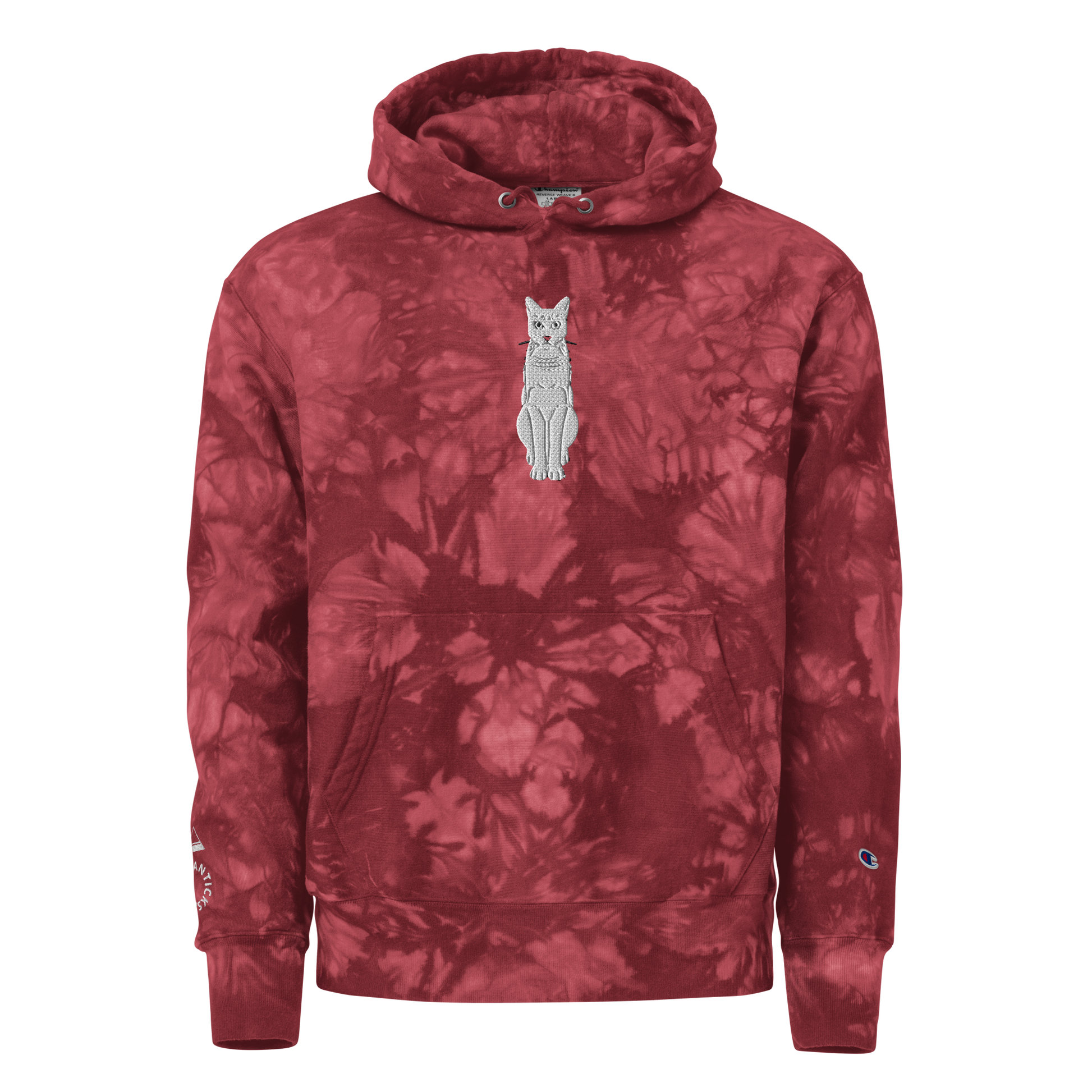 Mulled Berry Champion Tie-Dye Hoodie with White Cat Embroidery - ARAWMANTICKS Front Ghost