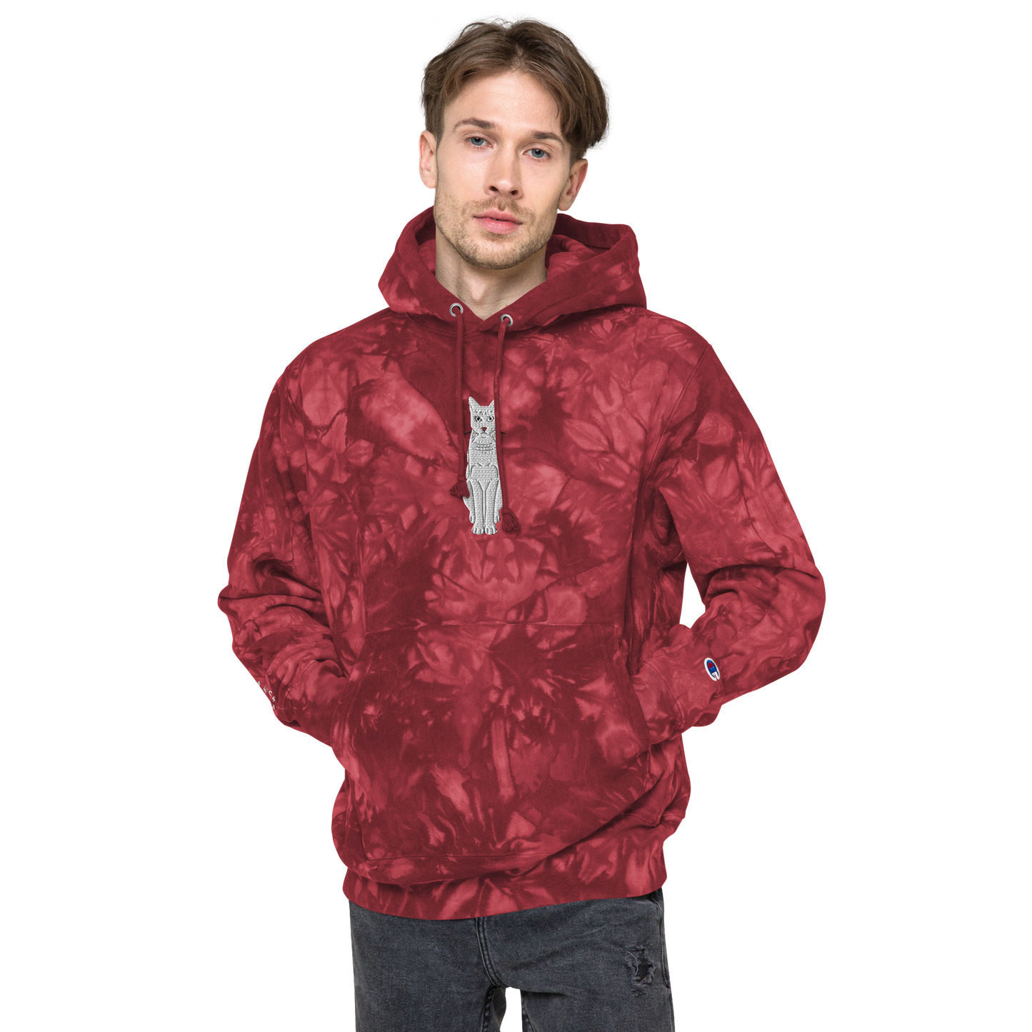 Male Model Wearing Mulled Berry Champion Tie-Dye Hoodie with White Cat Embroidery - ARAWMANTICKS Front