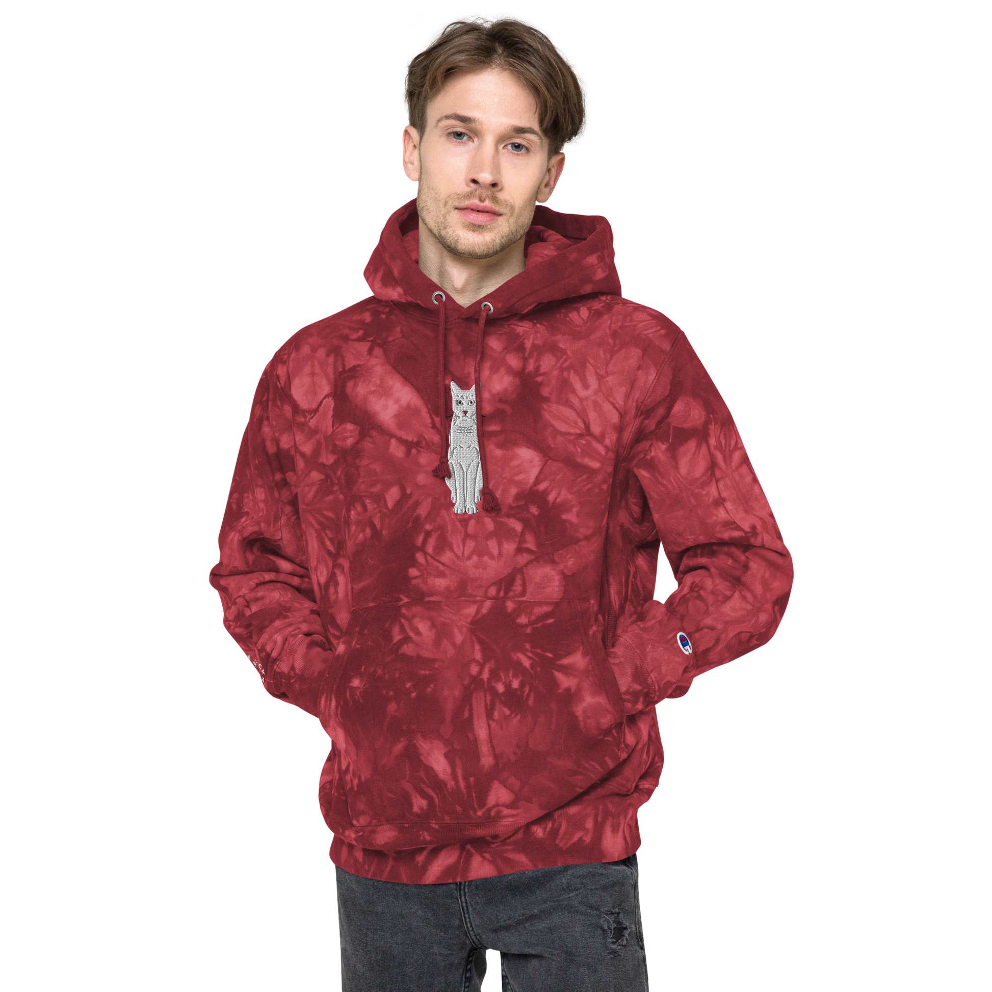 Male Model Wearing Mulled Berry Champion Tie-Dye Hoodie with White Cat Embroidery - ARAWMANTICKS Front