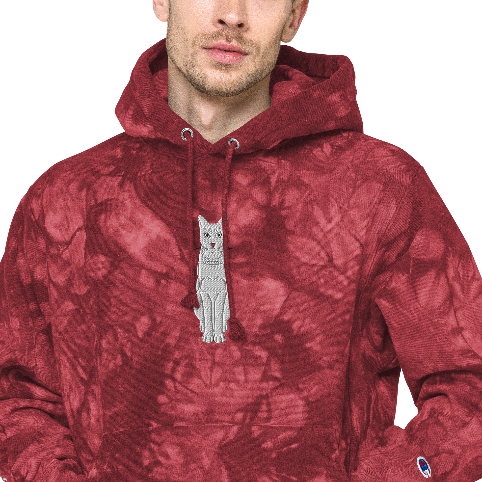 Male Model Wearing Mulled Berry Champion Tie-Dye Hoodie with White Cat Embroidery - ARAWMANTICKS Front