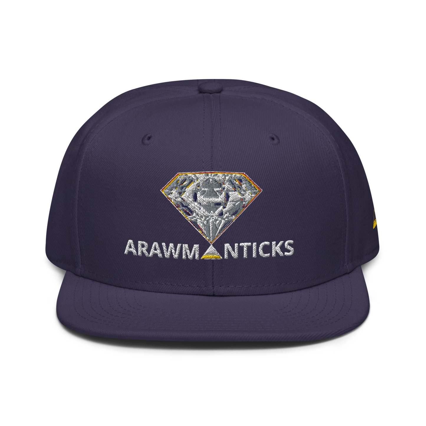 Navy Blue Snapback Hat with Bright Diamond 'A' Front Embroidery - ARAWMANTICKS Front Mockup