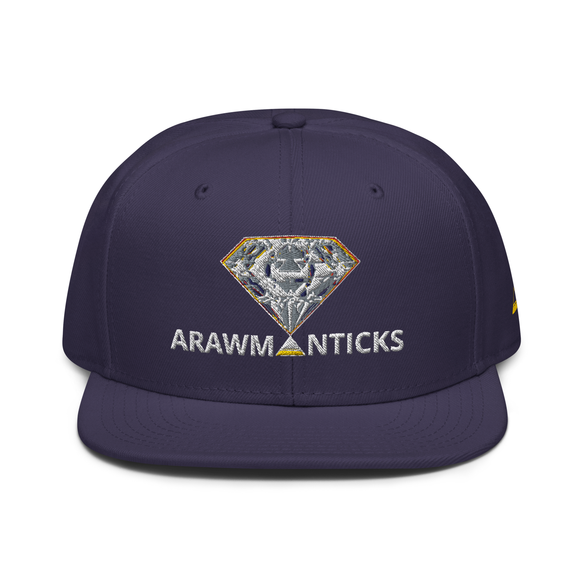 Navy Blue Snapback Hat with Bright Diamond 'A' Front Embroidery - ARAWMANTICKS Front Mockup