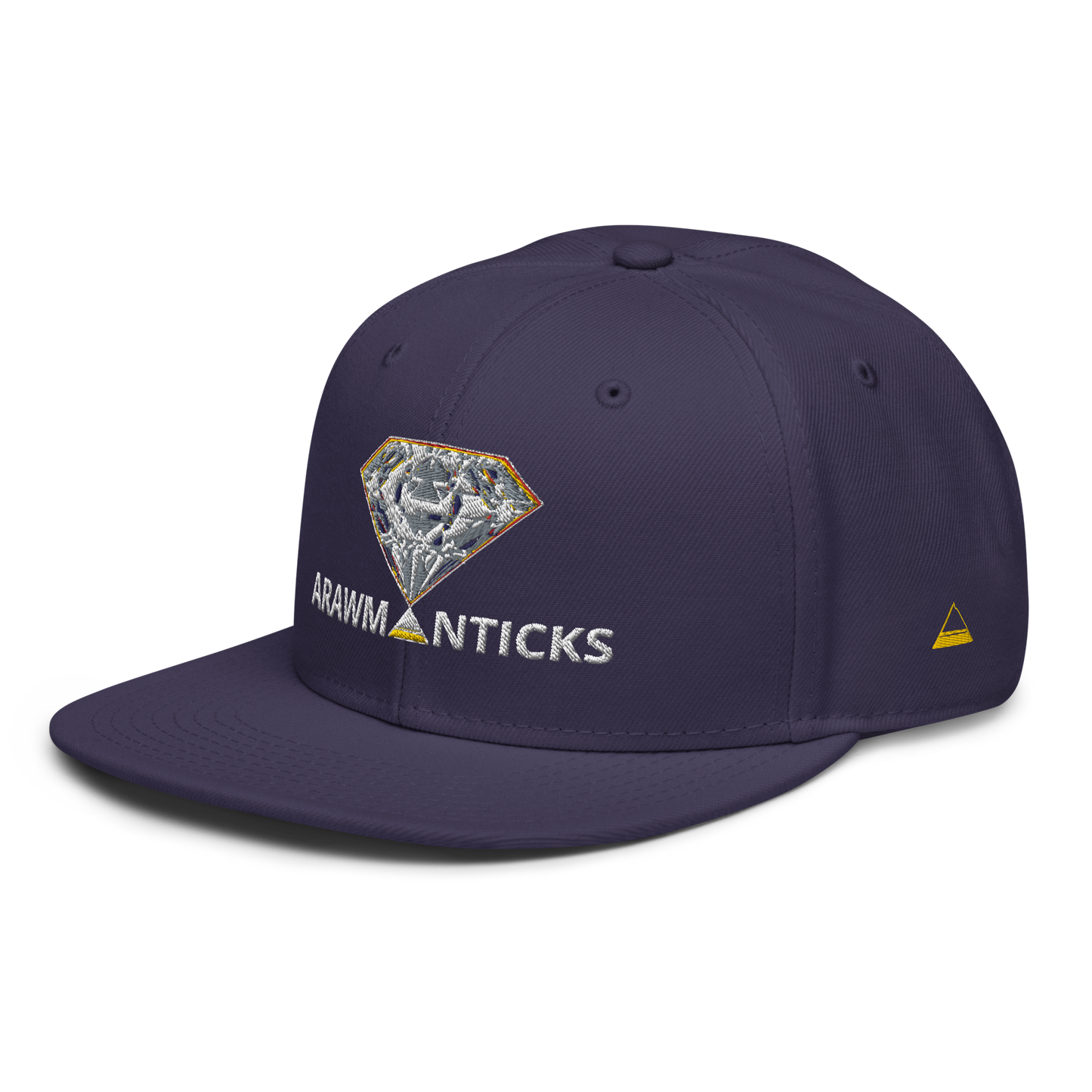 Navy Blue Snapback Hat with Bright Diamond 'A' Front Embroidery - ARAWMANTICKS Left Front Mockup