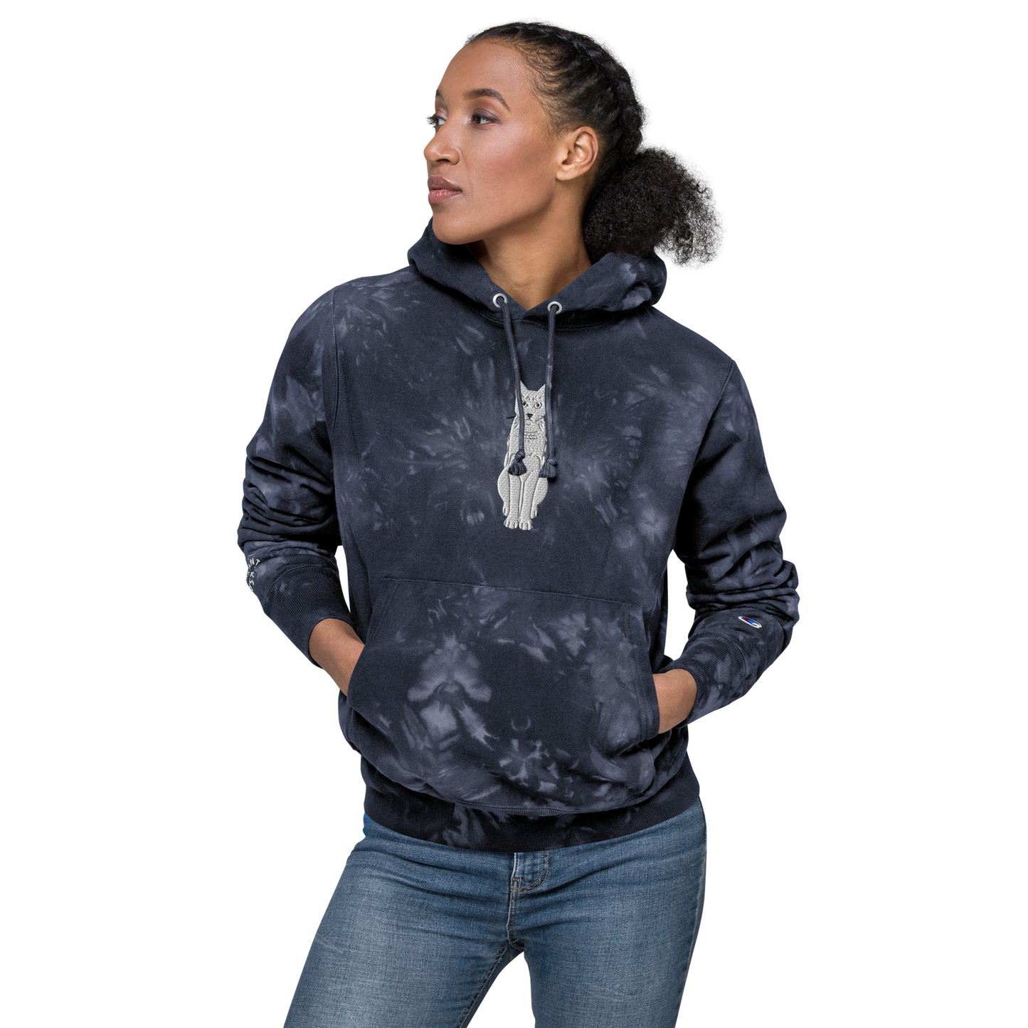 Female Model Wearing Navy Champion Tie-Dye Hoodie with White Cat Embroidery - ARAWMANTICKS Front