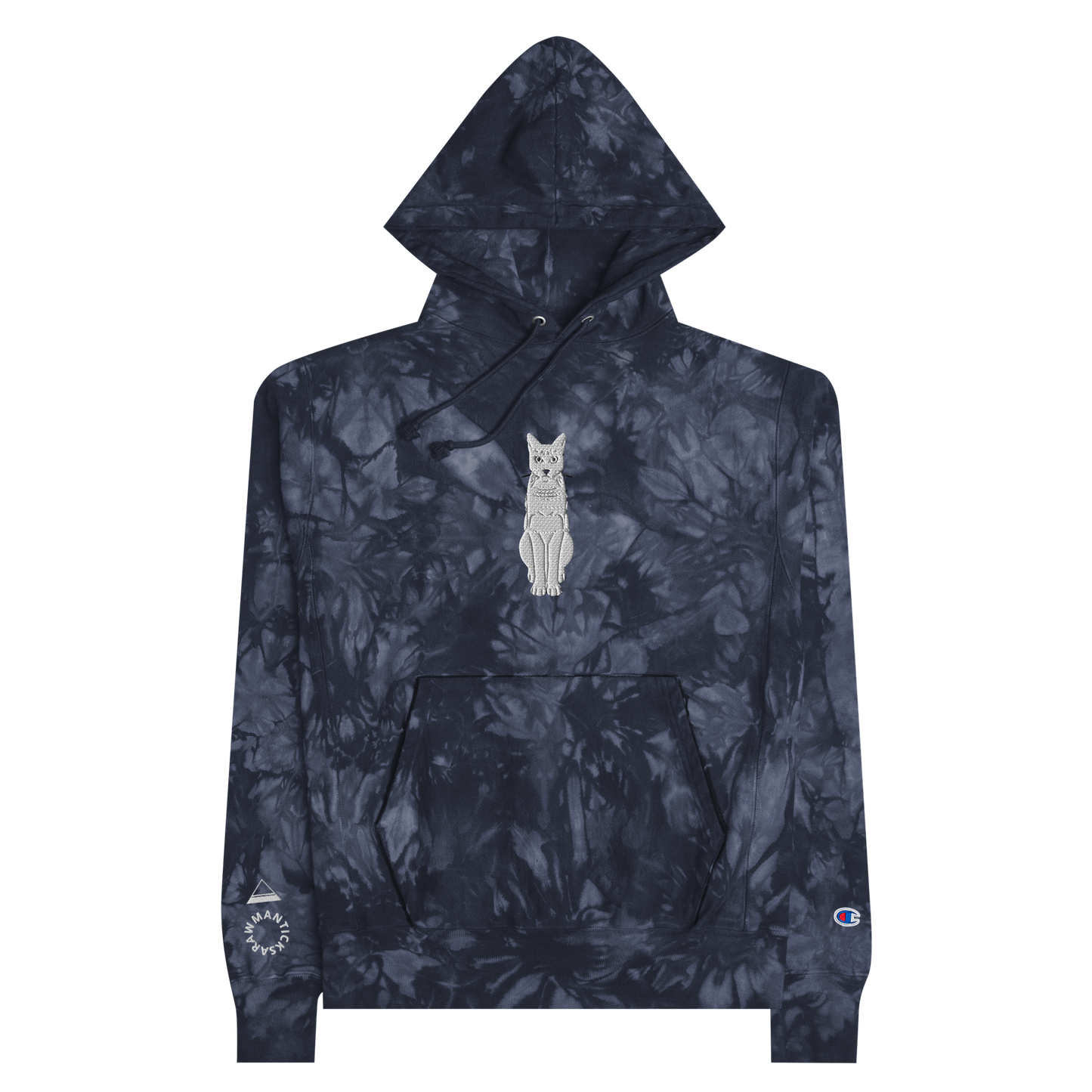 Navy Champion Tie-Dye Hoodie with White Cat Embroidery - ARAWMANTICKS Front Flat