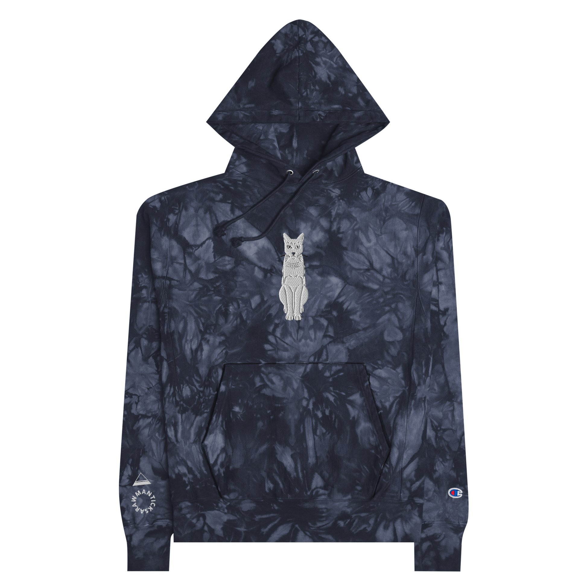 Navy Champion Tie-Dye Hoodie with White Cat Embroidery - ARAWMANTICKS Front Flat