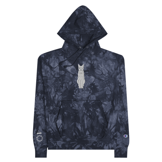 Navy Champion Tie-Dye Hoodie with White Cat Embroidery - ARAWMANTICKS Front Flat