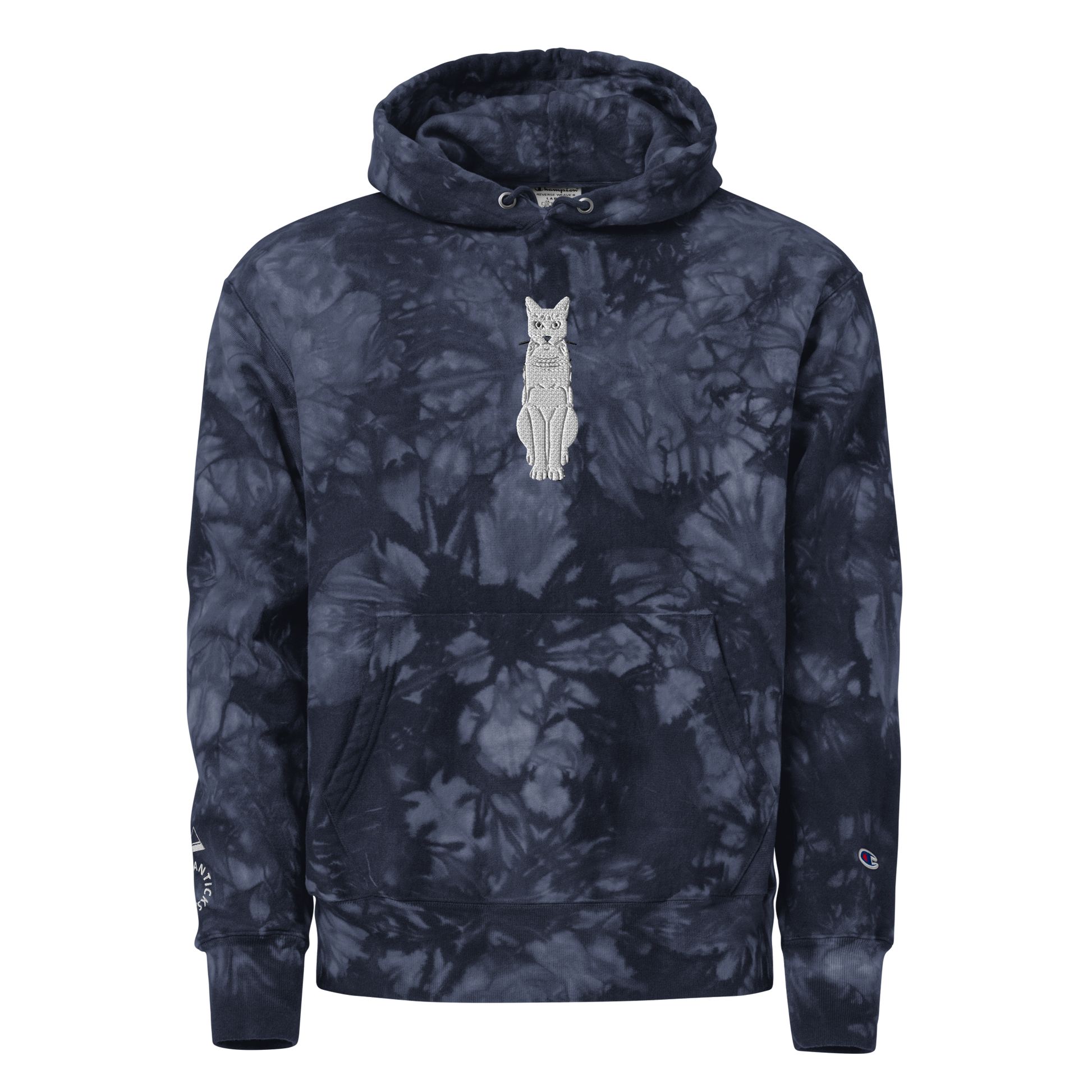 Navy Champion Tie-Dye Hoodie with White Cat Embroidery - ARAWMANTICKS Front Ghost