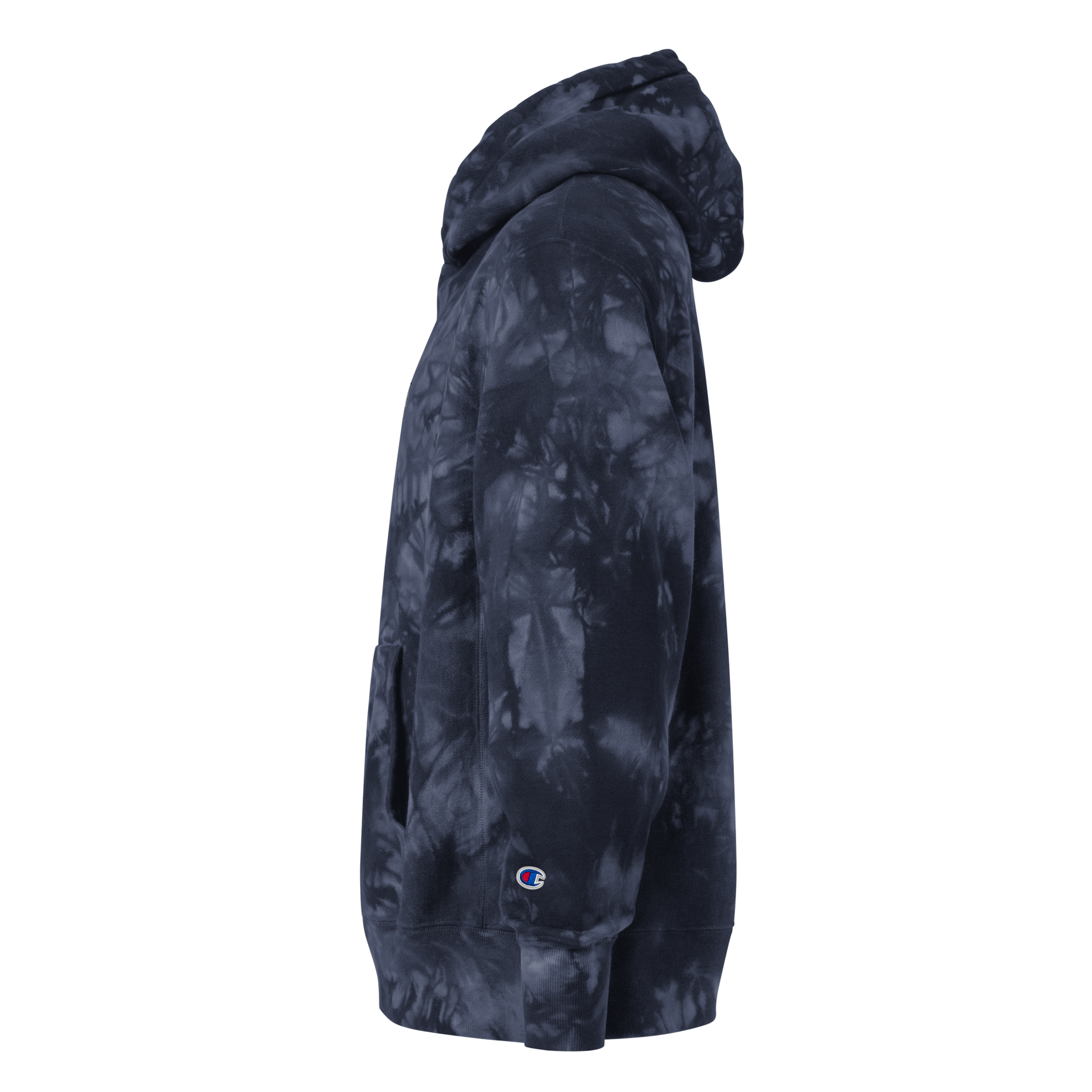 Navy Champion Tie-Dye Hoodie with White Cat Embroidery - ARAWMANTICKS Left Ghost