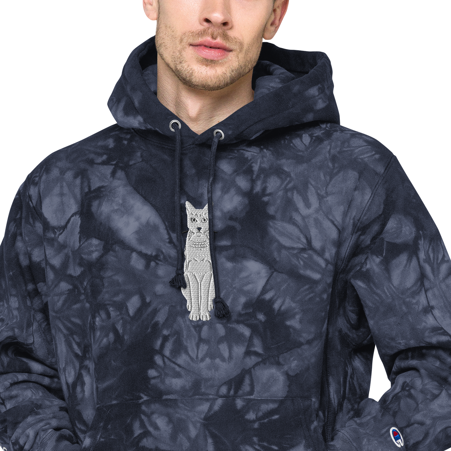 Male Model Wearing Navy Champion Tie-Dye Hoodie with White Cat Embroidery - ARAWMANTICKS Front