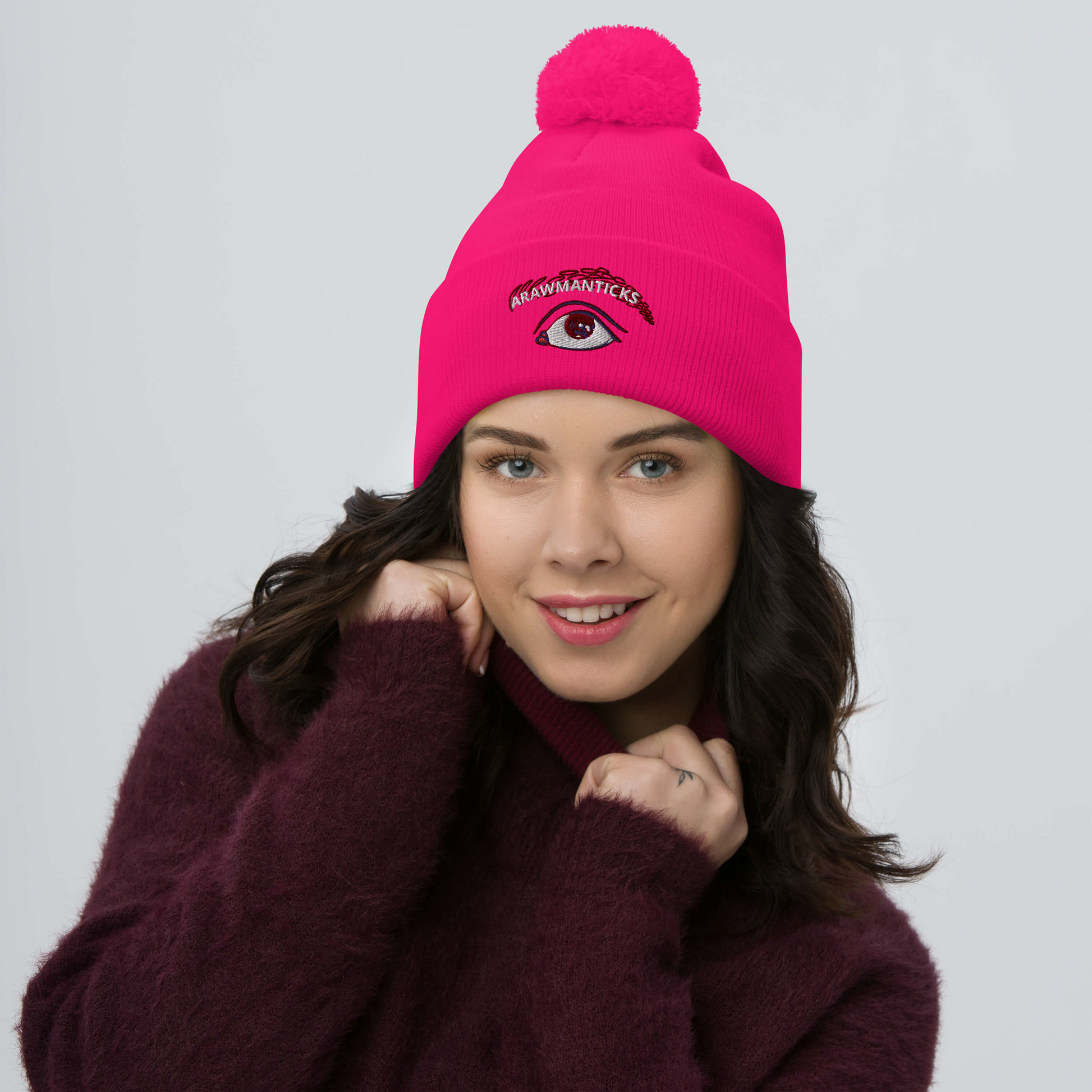 Female Model Wearing Neon Pink Beanie with Eye Embroidery - ARAWMANTICKS