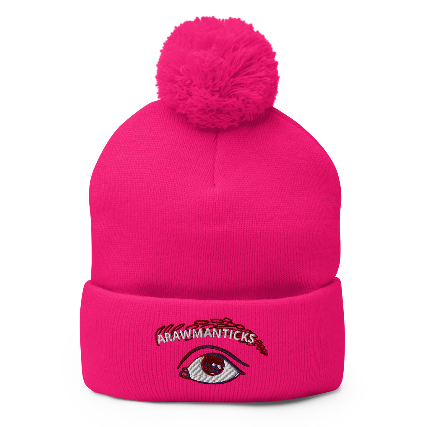 Neon Pink Beanie with Eye Embroidery - ARAWMANTICKS Front Mockup