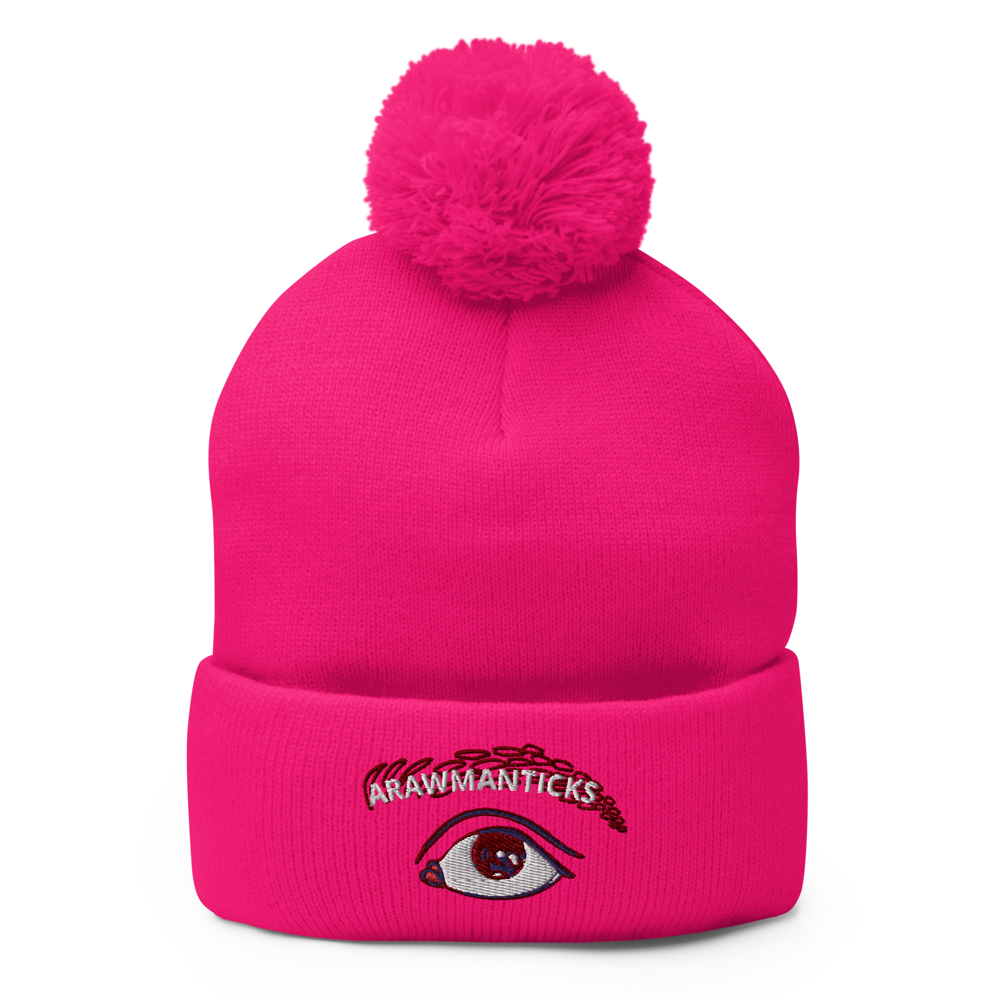 Neon Pink Beanie with Eye Embroidery - ARAWMANTICKS Front Mockup