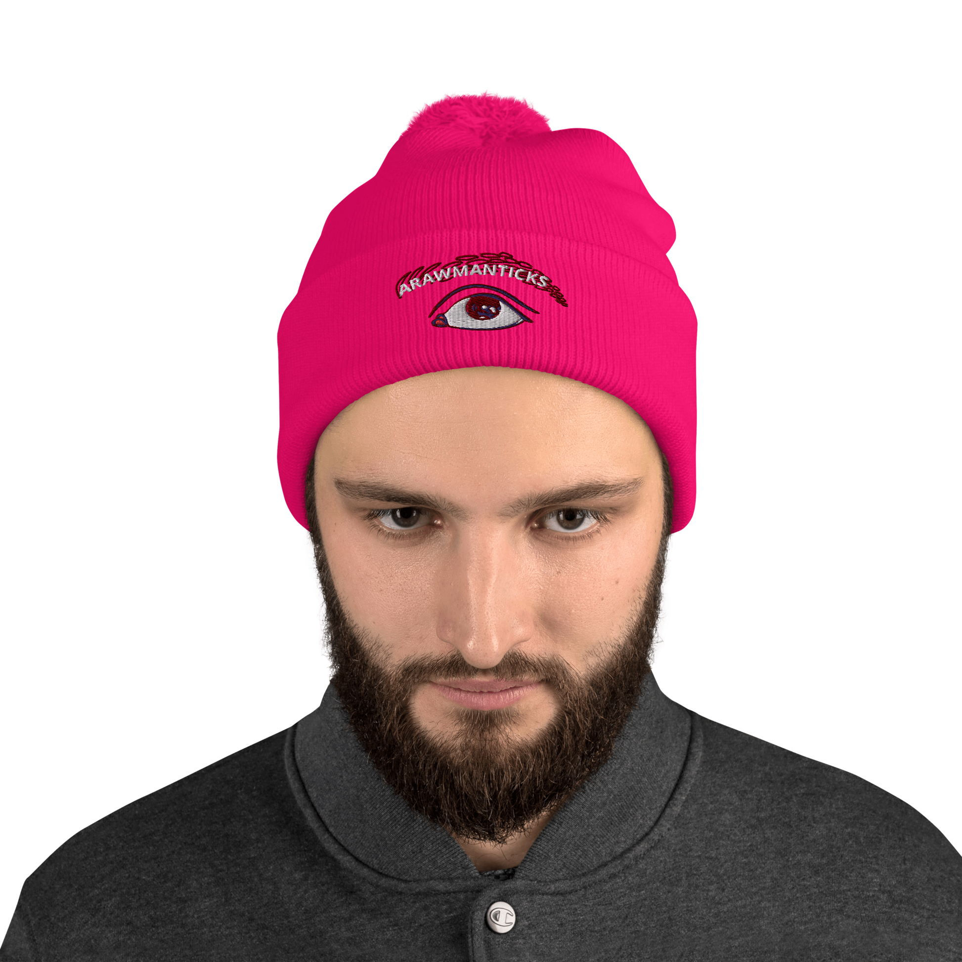 Male Model Wearing Neon Pink Beanie with Eye Embroidery - ARAWMANTICKS